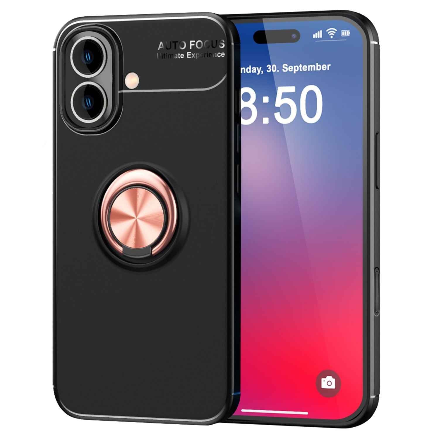 NALIA Schutzhülle mit Ring für iPhone 16 Plus, Matt-Schwarze Silikon Hülle mit 360° Finger-Halter für Ständer