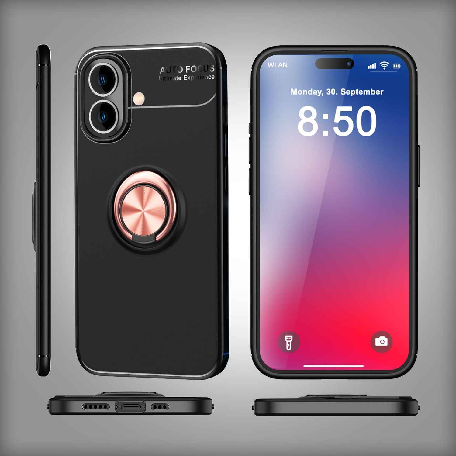 NALIA Schutzhülle mit Ring für iPhone 16 Plus, Matt-Schwarze Silikon Hülle mit 360° Finger-Halter für Ständer