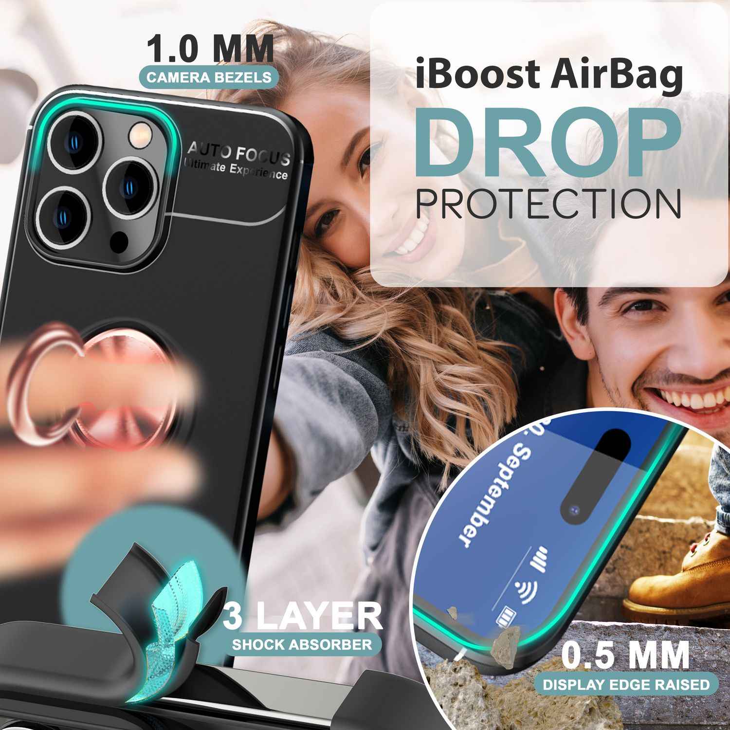 NALIA Schutzhülle mit Ring für iPhone 16 Pro, Matt-Schwarze Silikon Hülle mit 360° Finger-Halter für Ständer