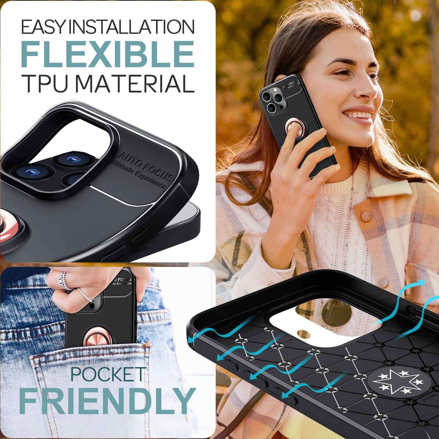 NALIA Schutzhülle mit Ring für iPhone 16 Pro, Matt-Schwarze Silikon Hülle mit 360° Finger-Halter für Ständer