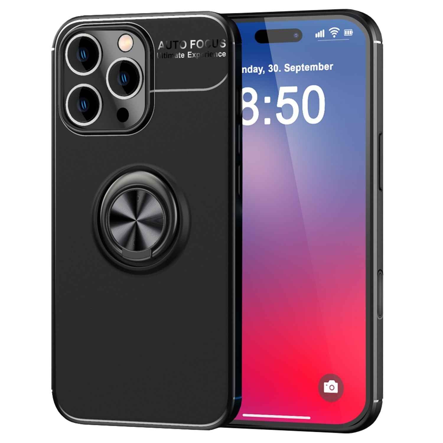 NALIA Schutzhülle mit Ring für iPhone 16 Pro Max, Matt-Schwarze Silikon Hülle mit 360° Finger-Halter für Stand