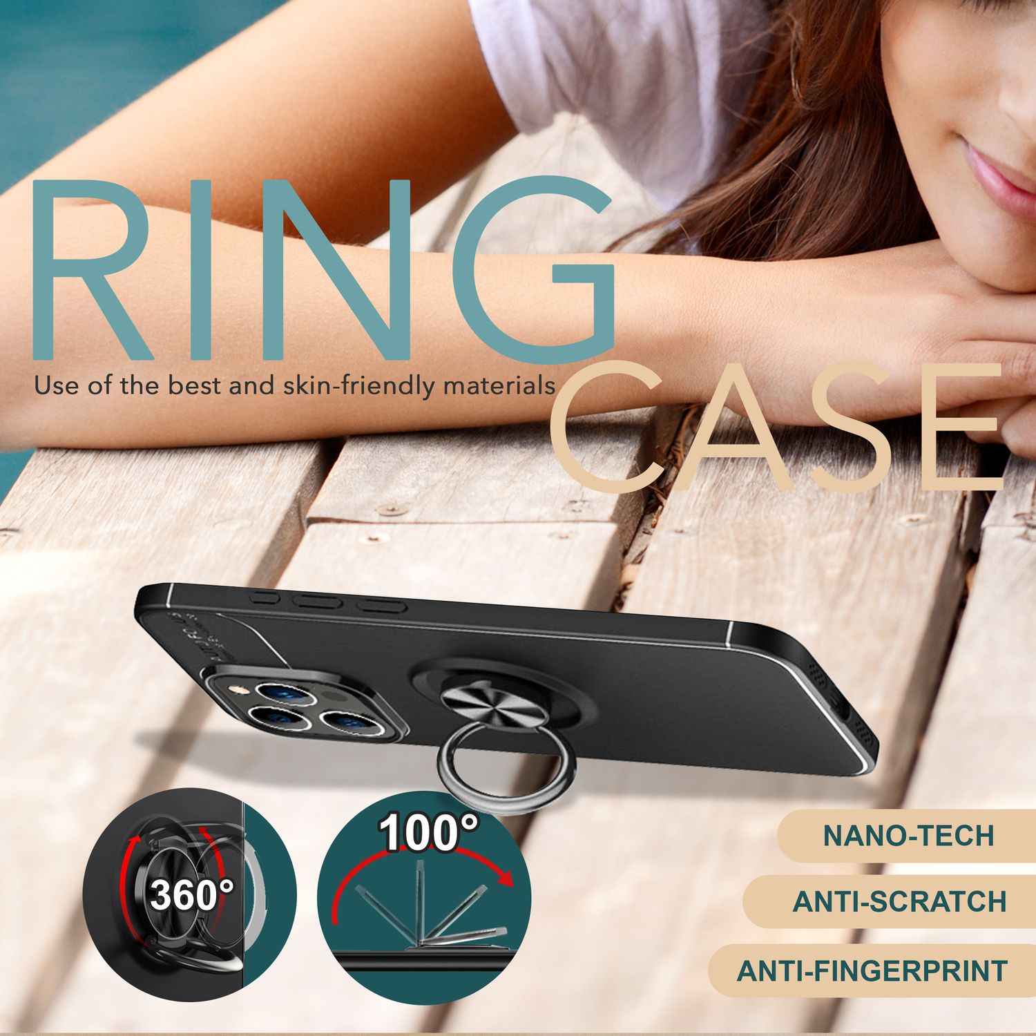 NALIA Schutzhülle mit Ring für iPhone 16 Pro Max, Matt-Schwarze Silikon Hülle mit 360° Finger-Halter für Stand