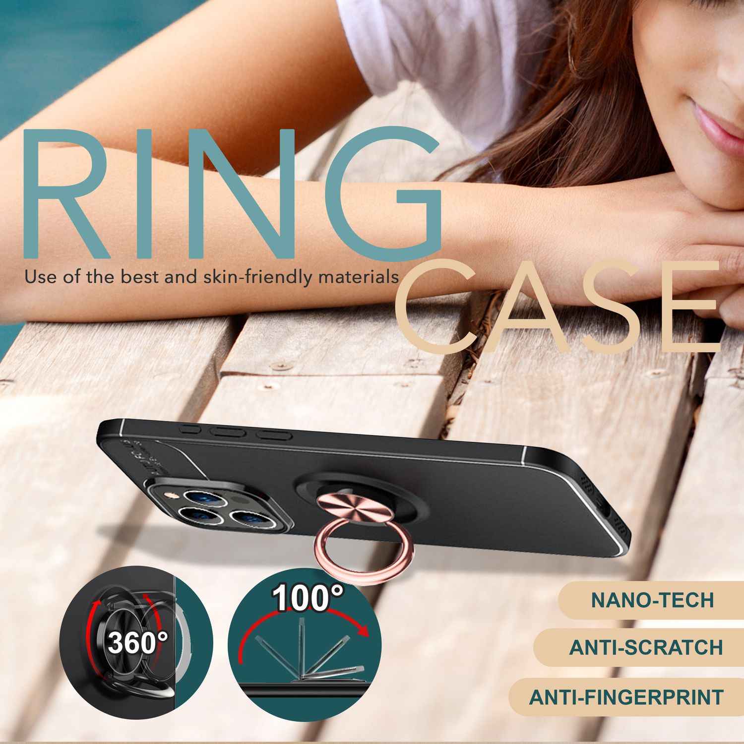 NALIA Schutzhülle mit Ring für iPhone 16 Pro Max, Matt-Schwarze Silikon Hülle mit 360° Finger-Halter für Stand