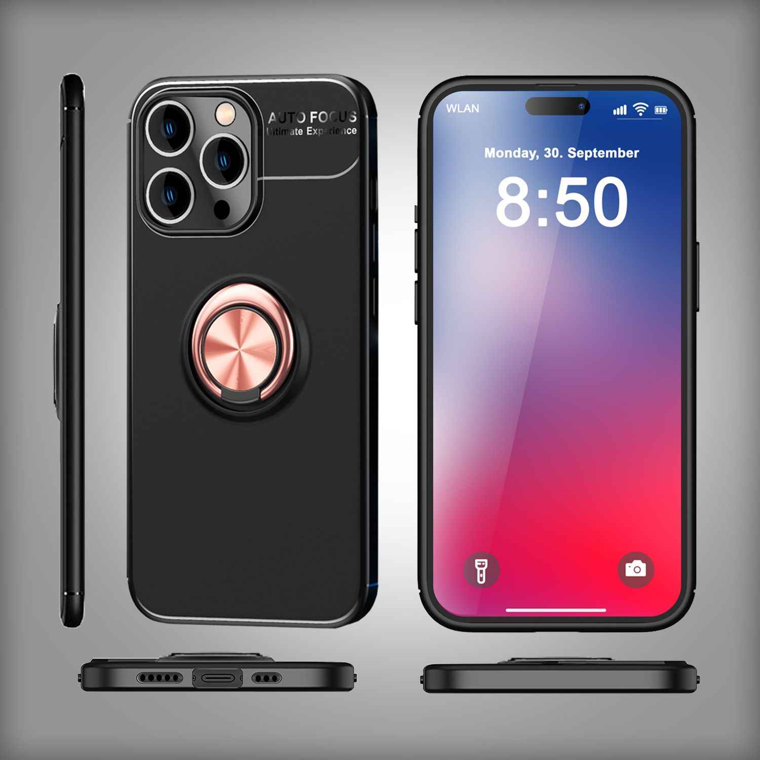 NALIA Schutzhülle mit Ring für iPhone 16 Pro Max, Matt-Schwarze Silikon Hülle mit 360° Finger-Halter für Stand