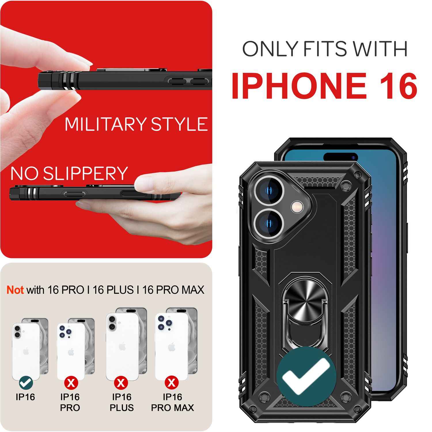 NALIA Military-Style Ringhülle für iPhone 16, Extrem Schutz Panzer Handyhülle, Hardcase Hülle mit 360° Ring