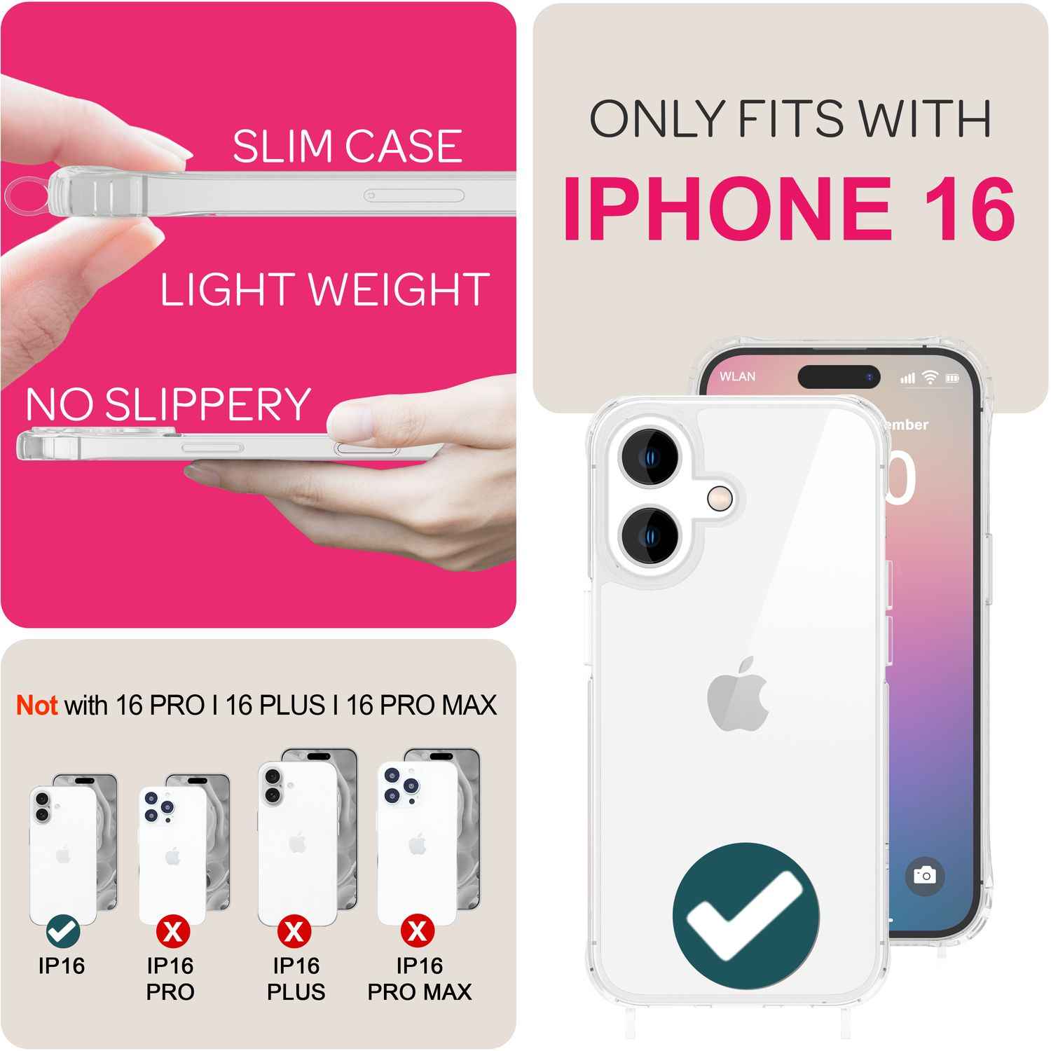 NALIA Klare Hülle mit Band zum Umhängen für iPhone 16, Transparente Schutzhülle mit Handykette, Handyhülle