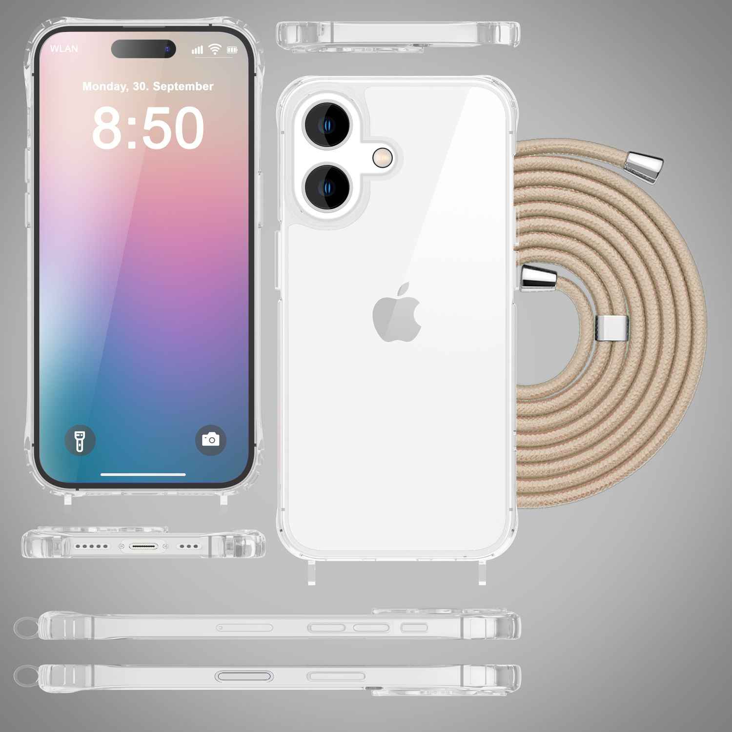 NALIA Klare Hülle mit Band zum Umhängen für iPhone 16, Transparente Schutzhülle mit Handykette, Handyhülle