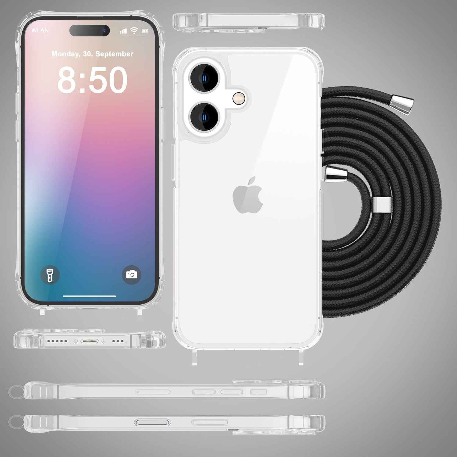 NALIA Klare Hülle mit Band zum Umhängen für iPhone 16, Transparente Schutzhülle mit Handykette, Handyhülle