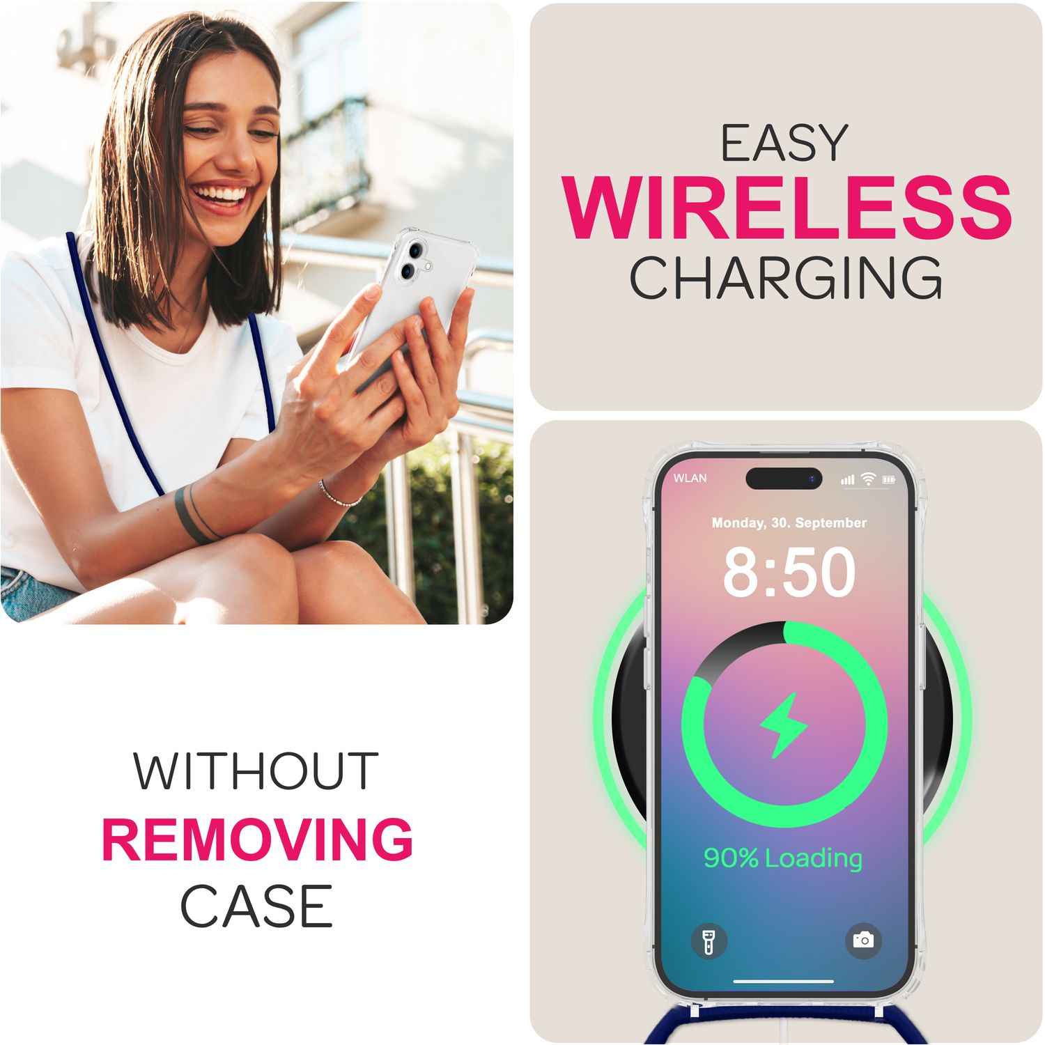 NALIA Klare Hülle mit Band zum Umhängen für iPhone 16, Transparente Schutzhülle mit Handykette, Handyhülle