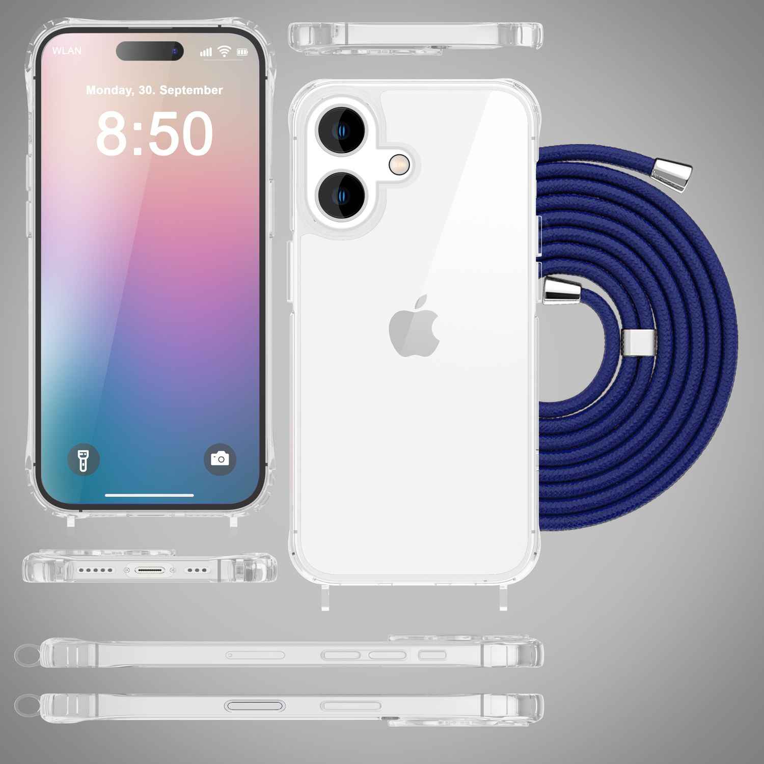 NALIA Klare Hülle mit Band zum Umhängen für iPhone 16, Transparente Schutzhülle mit Handykette, Handyhülle