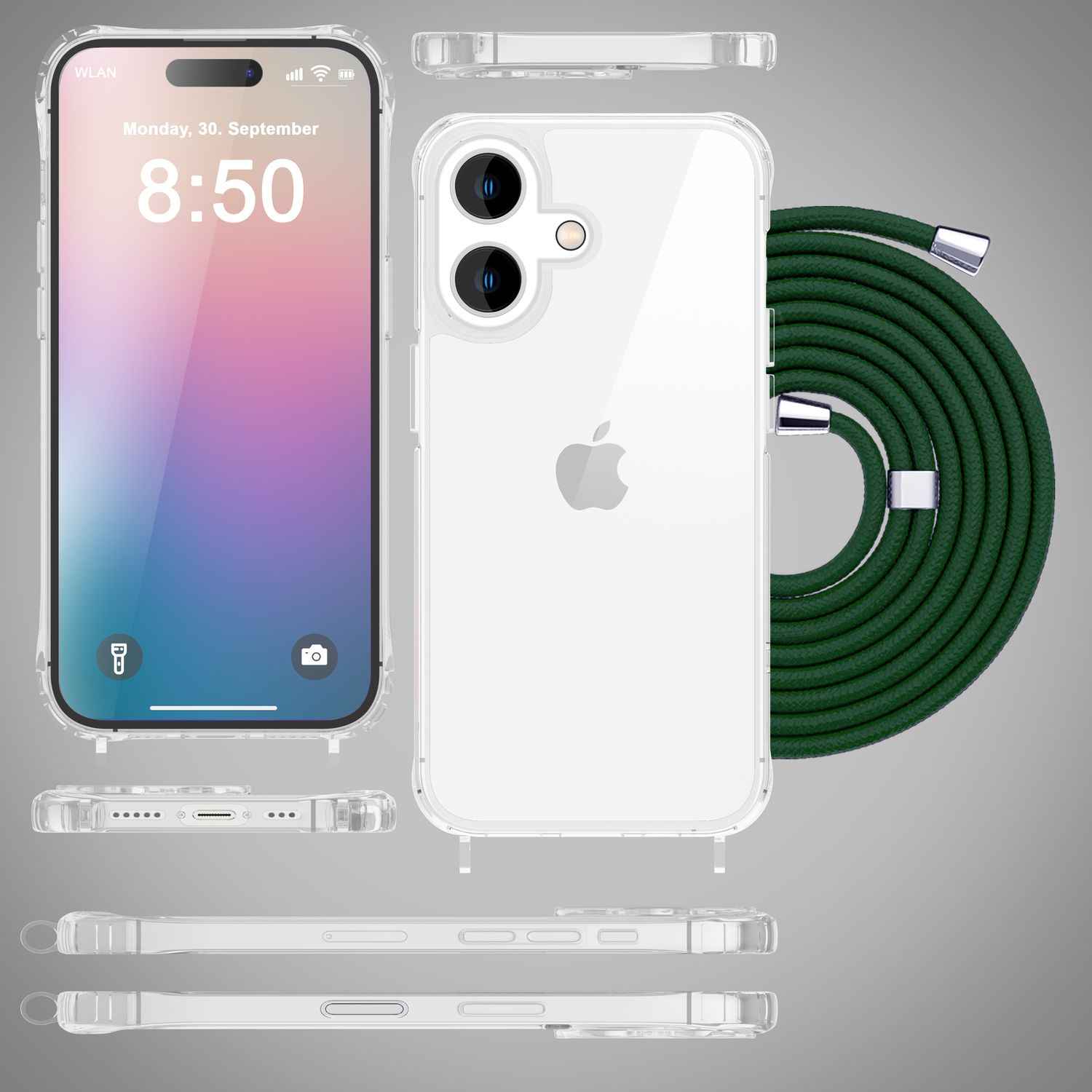 NALIA Klare Hülle mit Band zum Umhängen für iPhone 16, Transparente Schutzhülle mit Handykette, Handyhülle