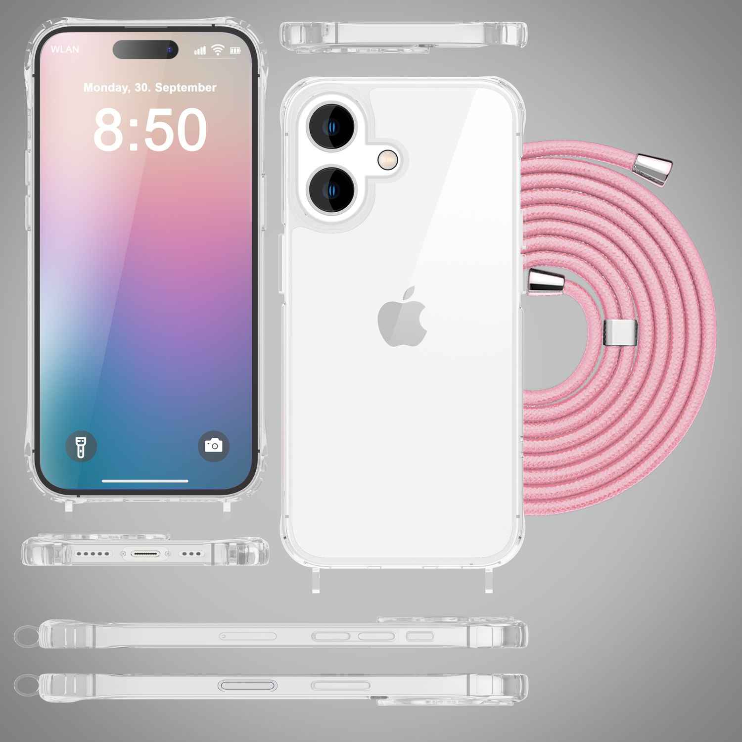 NALIA Klare Hülle mit Band zum Umhängen für iPhone 16, Transparente Schutzhülle mit Handykette, Handyhülle