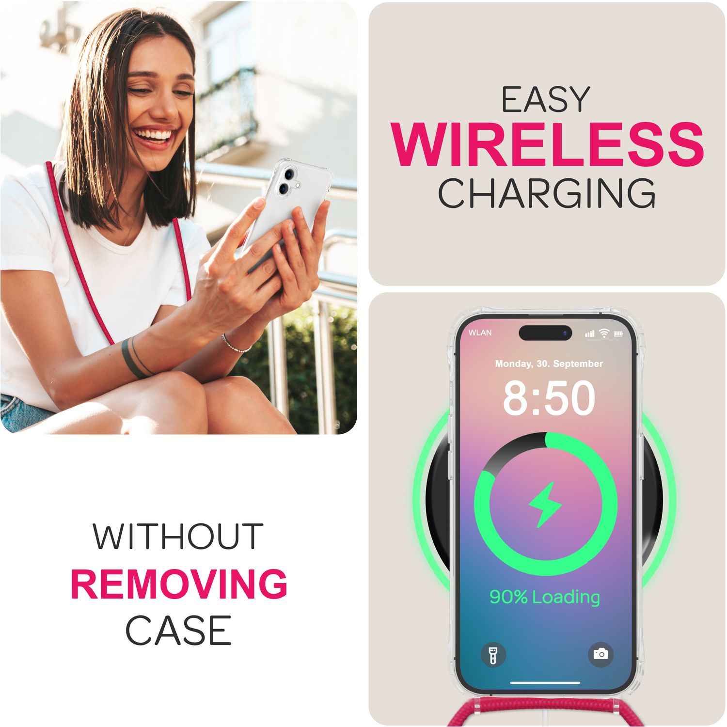 NALIA Klare Hülle mit Band zum Umhängen für iPhone 16, Transparente Schutzhülle mit Handykette, Handyhülle