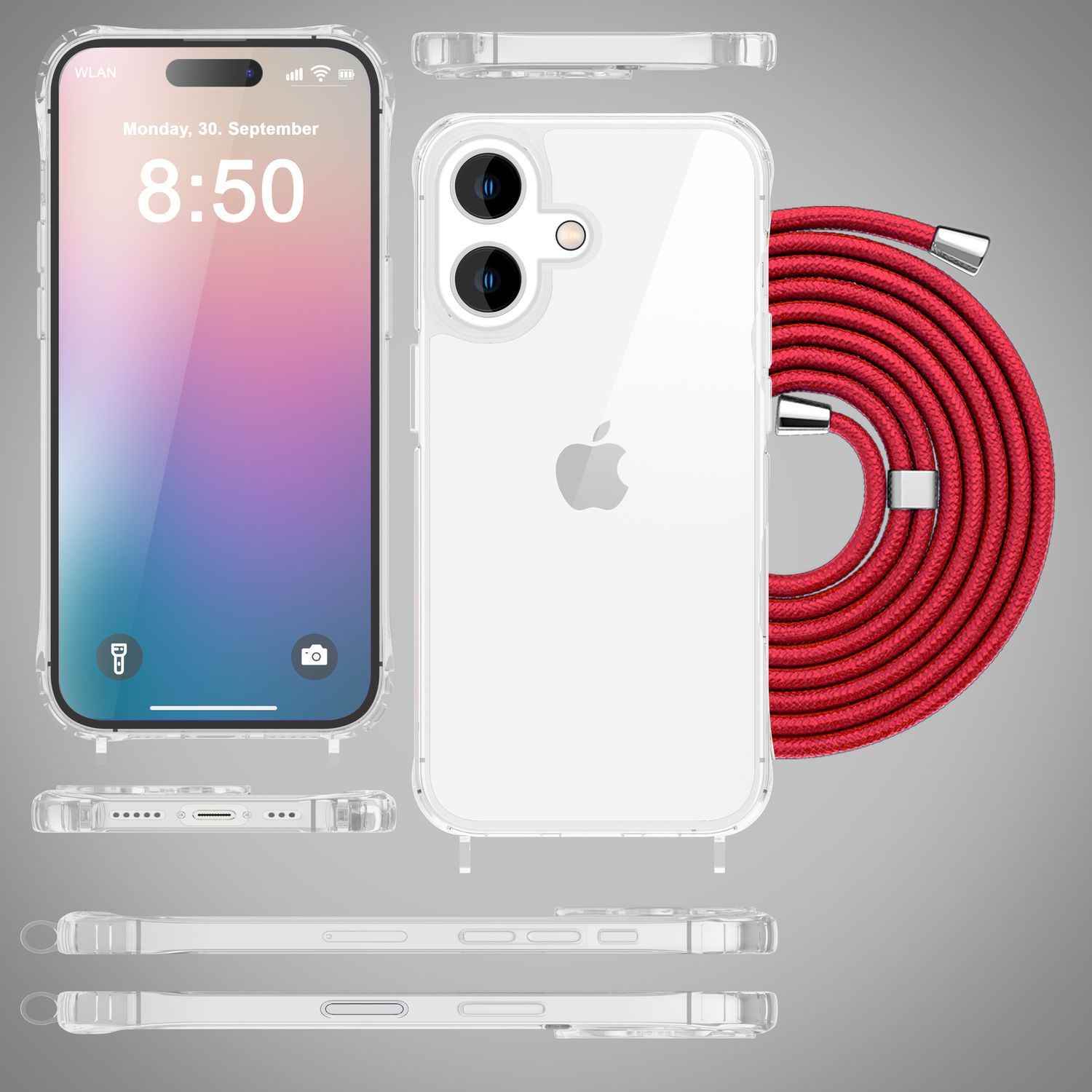 NALIA Klare Hülle mit Band zum Umhängen für iPhone 16, Transparente Schutzhülle mit Handykette, Handyhülle