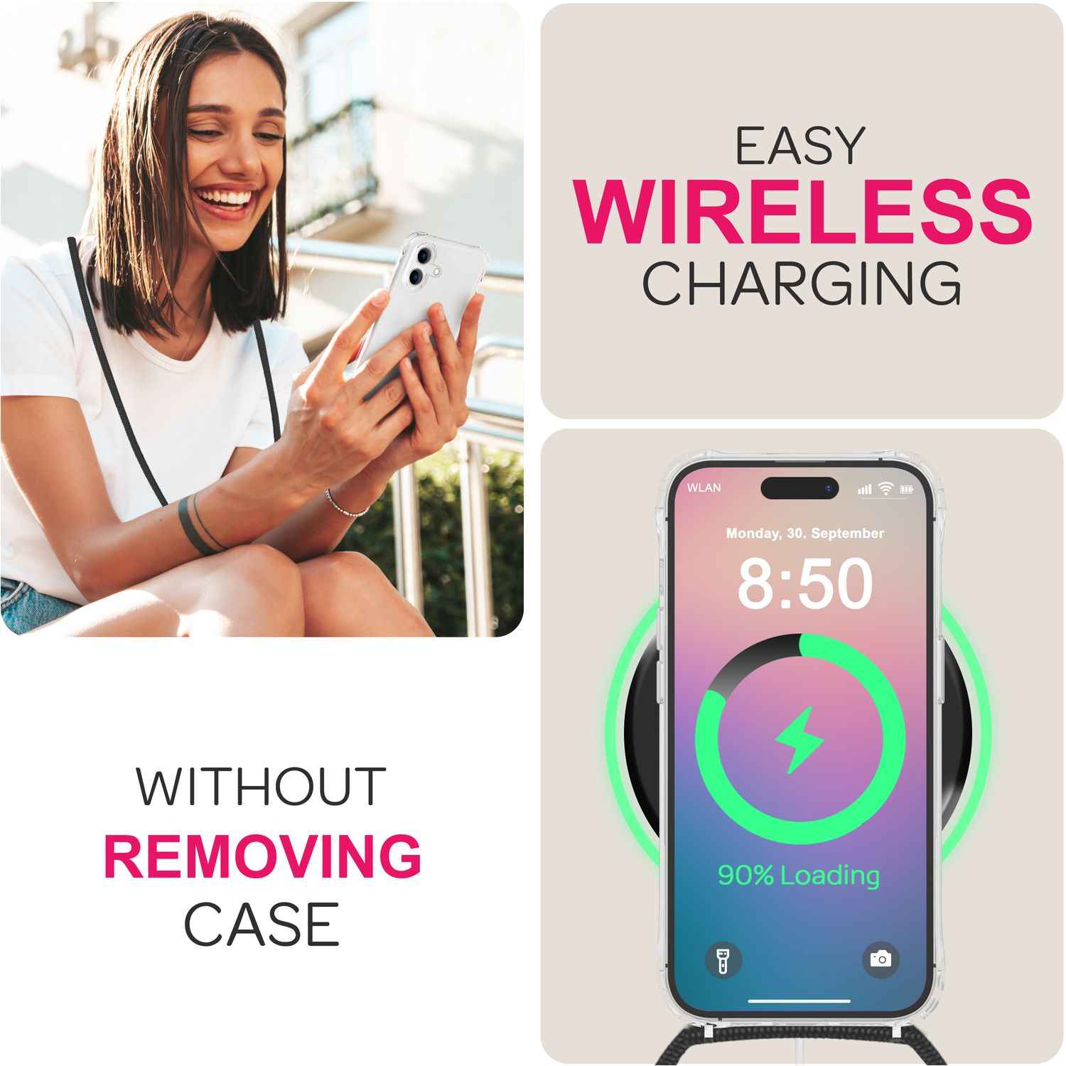 NALIA Klare Hülle mit Band zum Umhängen für iPhone 16 Plus, Transparente Schutz Handyhülle mit Handykette