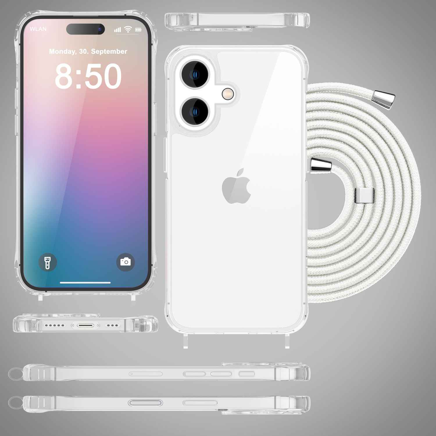 NALIA Klare Hülle mit Band zum Umhängen für iPhone 16 Plus, Transparente Schutz Handyhülle mit Handykette