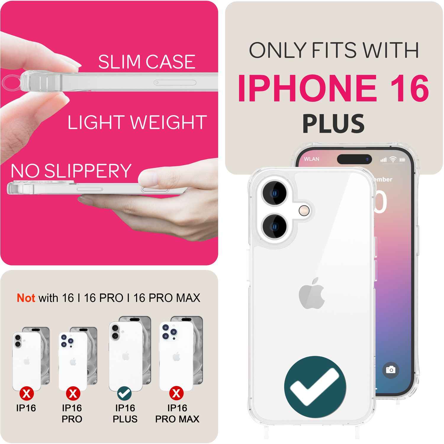 NALIA Klare Hülle mit Band zum Umhängen für iPhone 16 Plus, Transparente Schutz Handyhülle mit Handykette