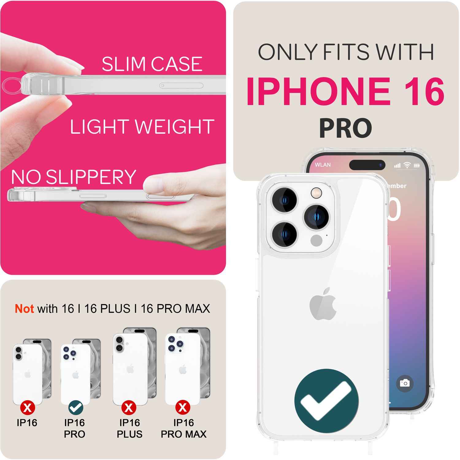 NALIA Klare Hülle mit Band zum Umhängen für iPhone 16 Pro, Transparente Schutz Handyhülle mit Handykette