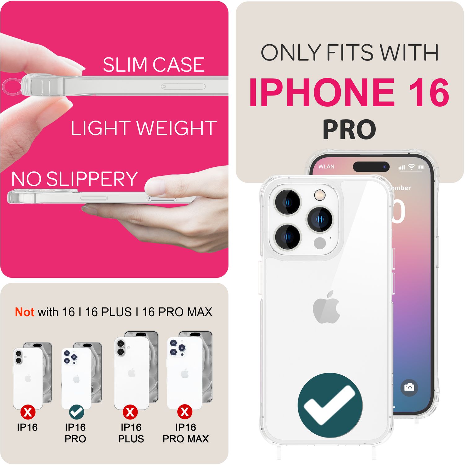 Handyhülle mit Band für iPhone 16 Pro transparent Polycarbonat 160 cm