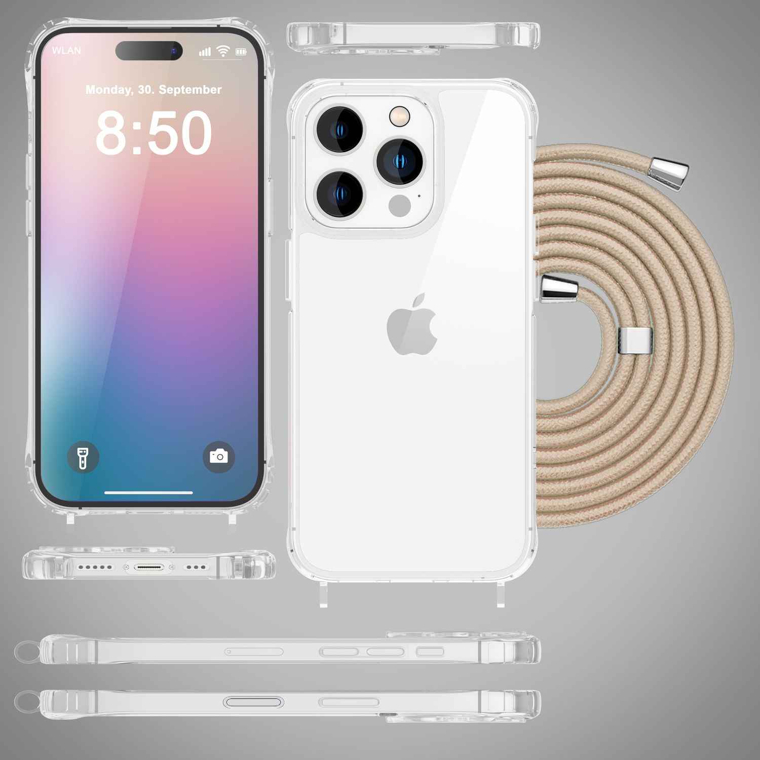 NALIA Klare Hülle mit Band zum Umhängen für iPhone 16 Pro, Transparente Schutz Handyhülle mit Handykette