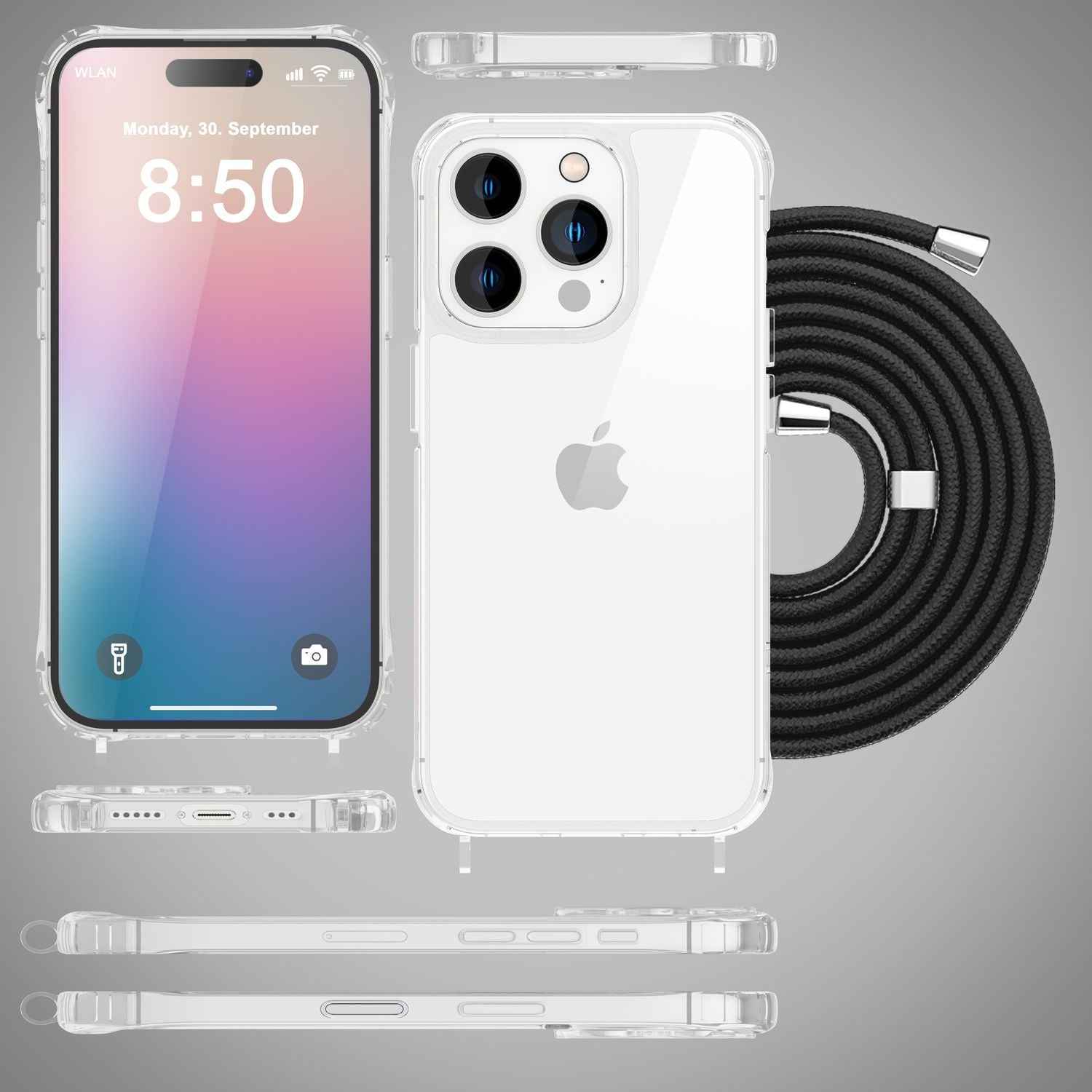 NALIA Klare Hülle mit Band zum Umhängen für iPhone 16 Pro, Transparente Schutz Handyhülle mit Handykette