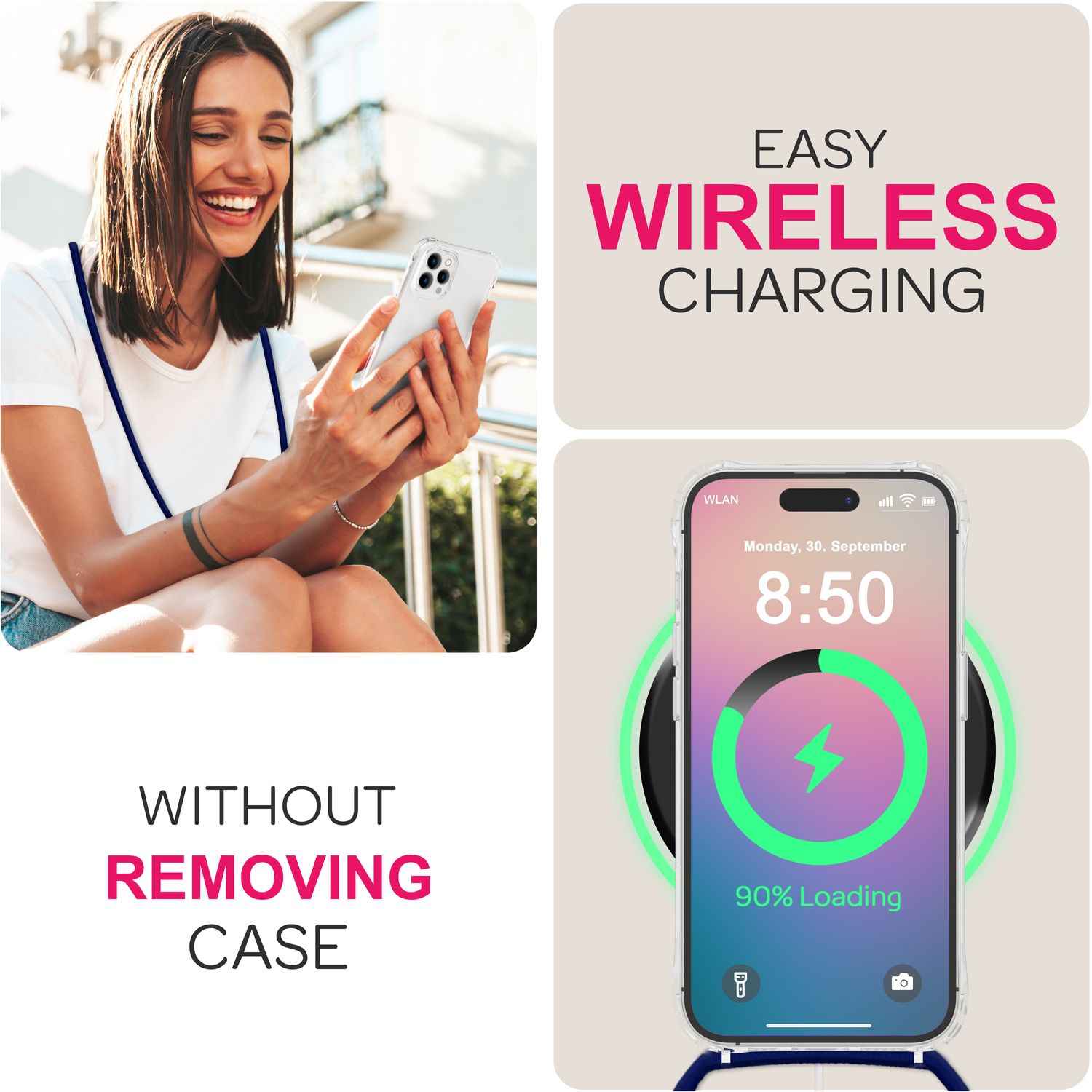 NALIA Klare Hülle mit Band zum Umhängen für iPhone 16 Pro, Transparente Schutz Handyhülle mit Handykette