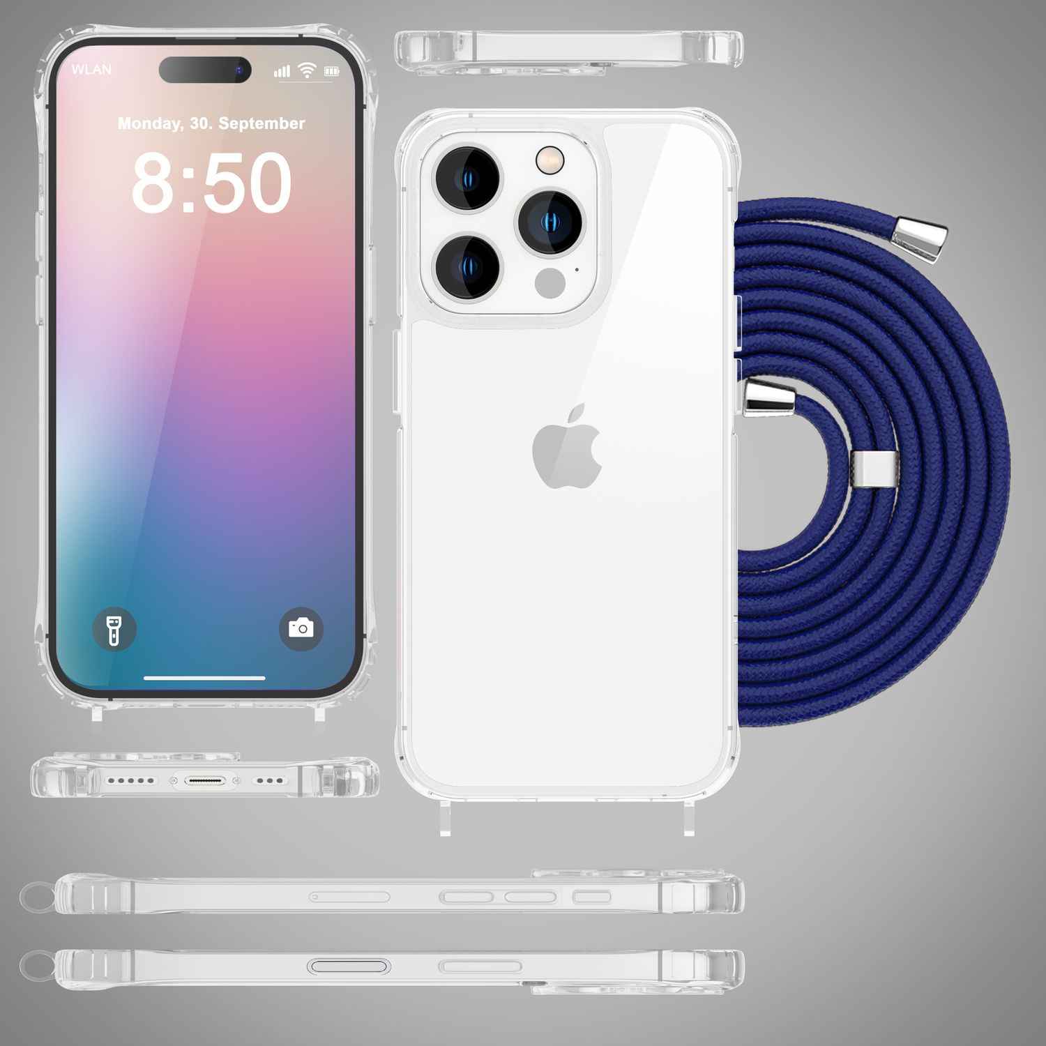 NALIA Klare Hülle mit Band zum Umhängen für iPhone 16 Pro, Transparente Schutz Handyhülle mit Handykette