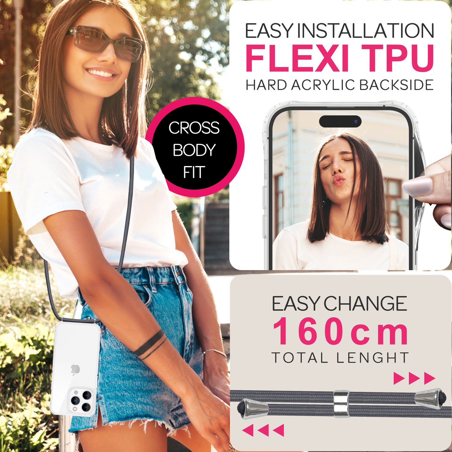 Handyhülle mit Band für iPhone 16 Pro transparent Polycarbonat 160 cm