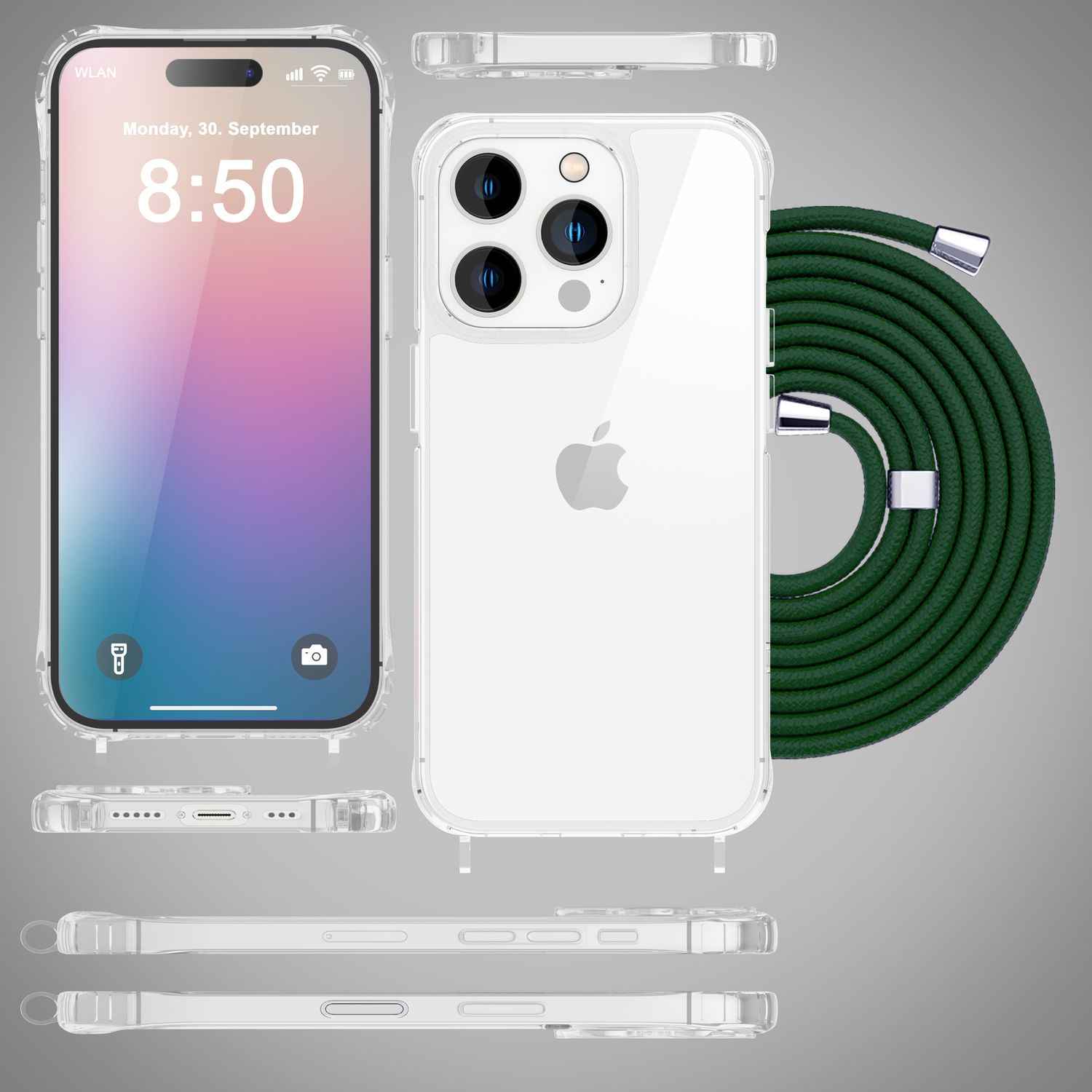 NALIA Klare Hülle mit Band zum Umhängen für iPhone 16 Pro, Transparente Schutz Handyhülle mit Handykette