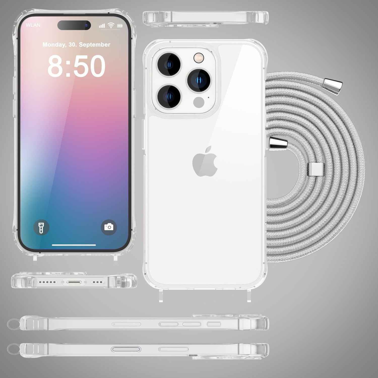 NALIA Klare Hülle mit Band zum Umhängen für iPhone 16 Pro, Transparente Schutz Handyhülle mit Handykette