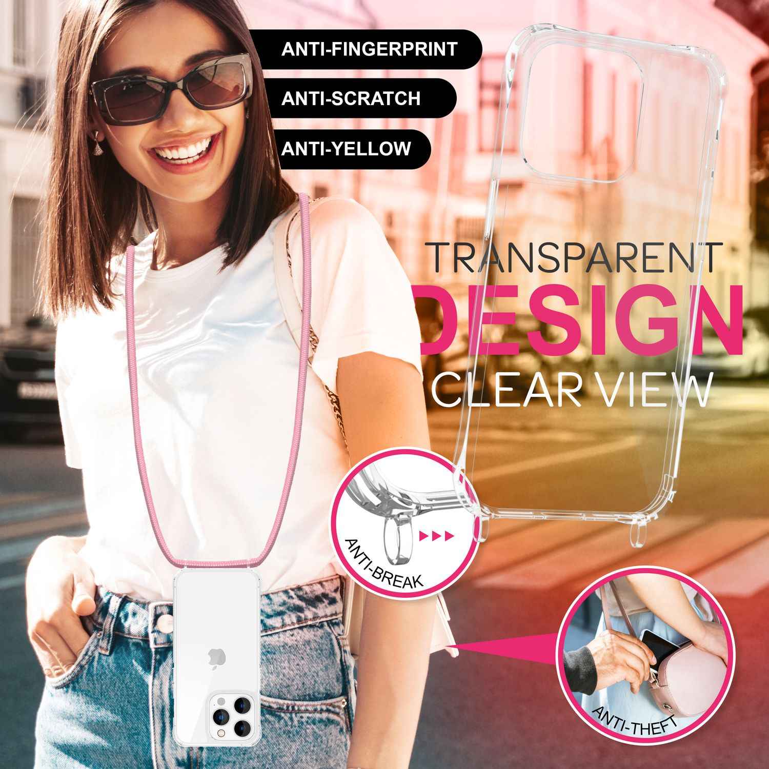 NALIA Klare Hülle mit Band zum Umhängen für iPhone 16 Pro, Transparente Schutz Handyhülle mit Handykette
