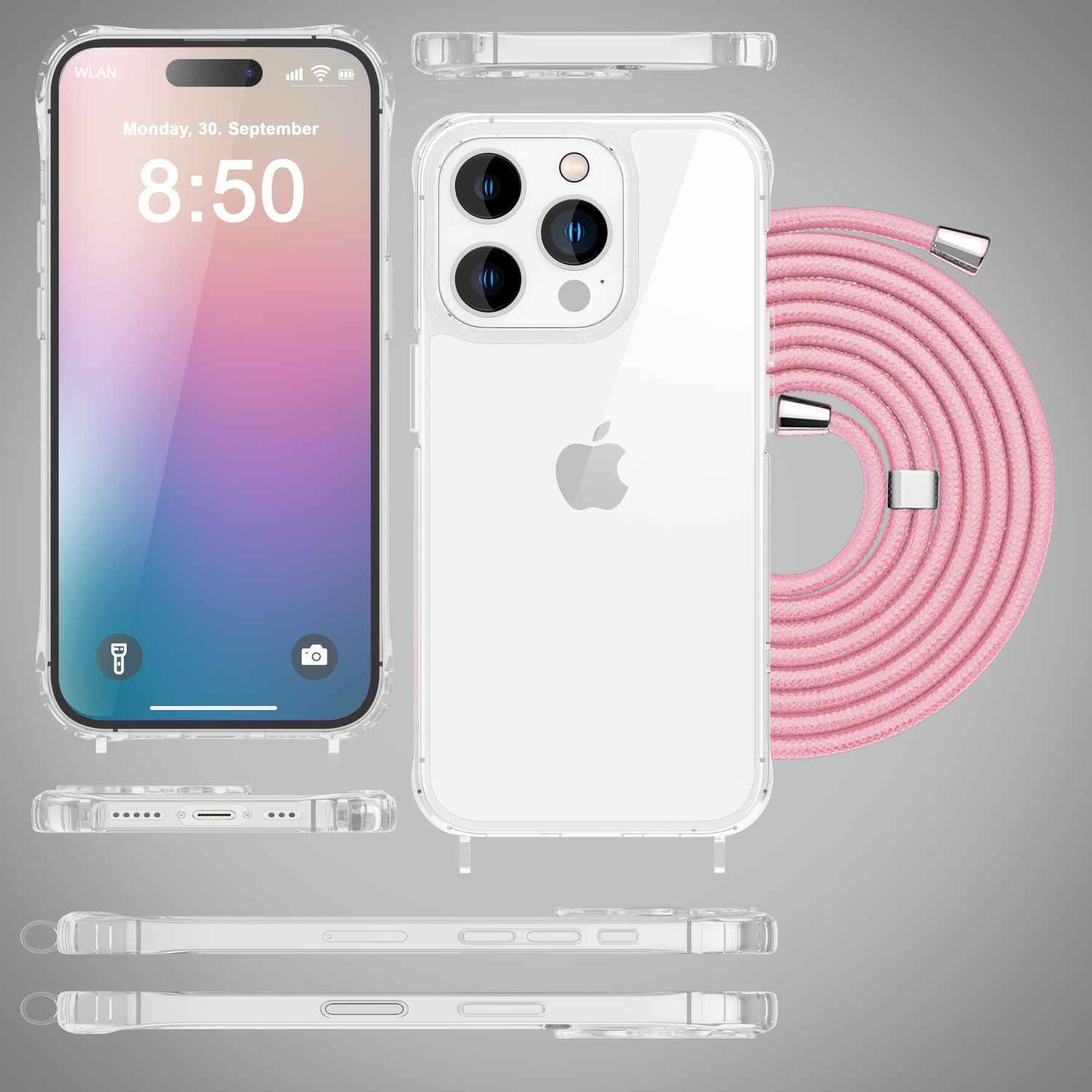 NALIA Klare Hülle mit Band zum Umhängen für iPhone 16 Pro, Transparente Schutz Handyhülle mit Handykette