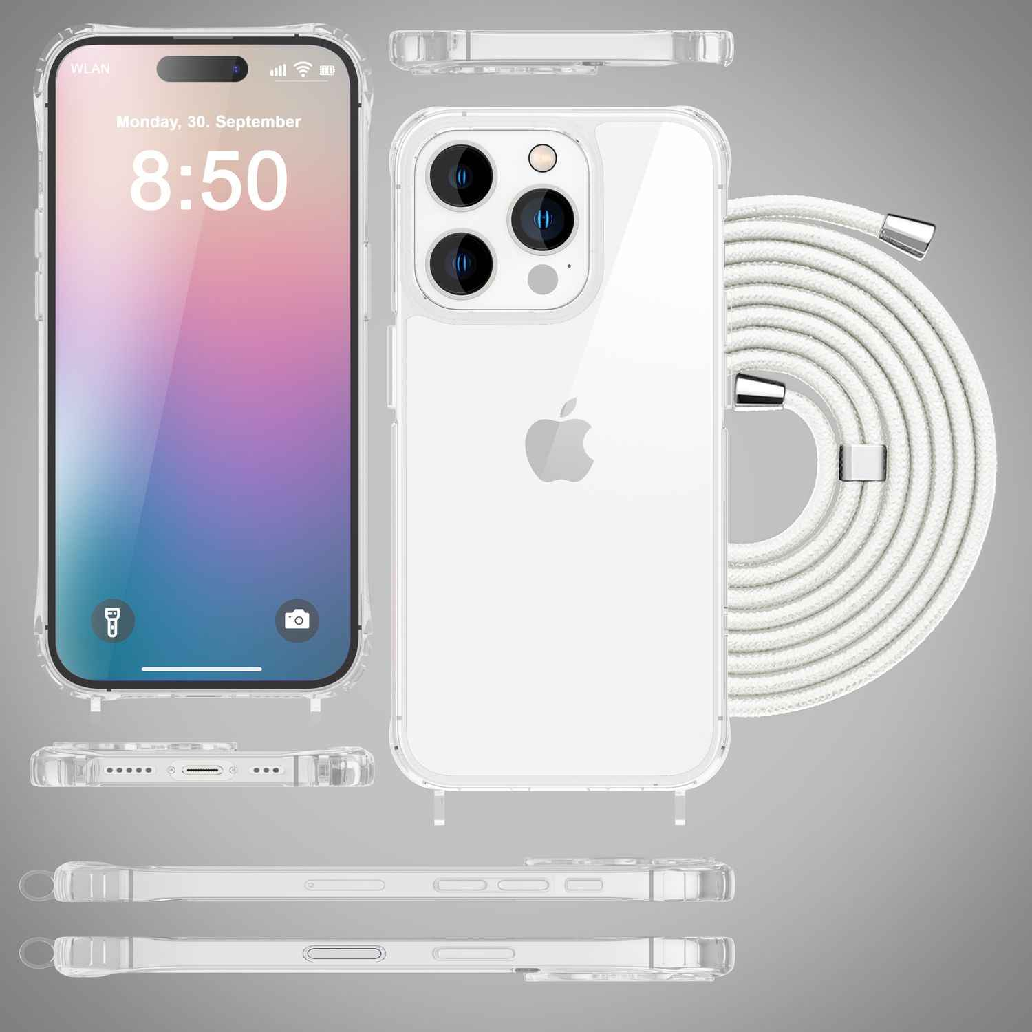 NALIA Klare Hülle mit Band zum Umhängen für iPhone 16 Pro, Transparente Schutz Handyhülle mit Handykette