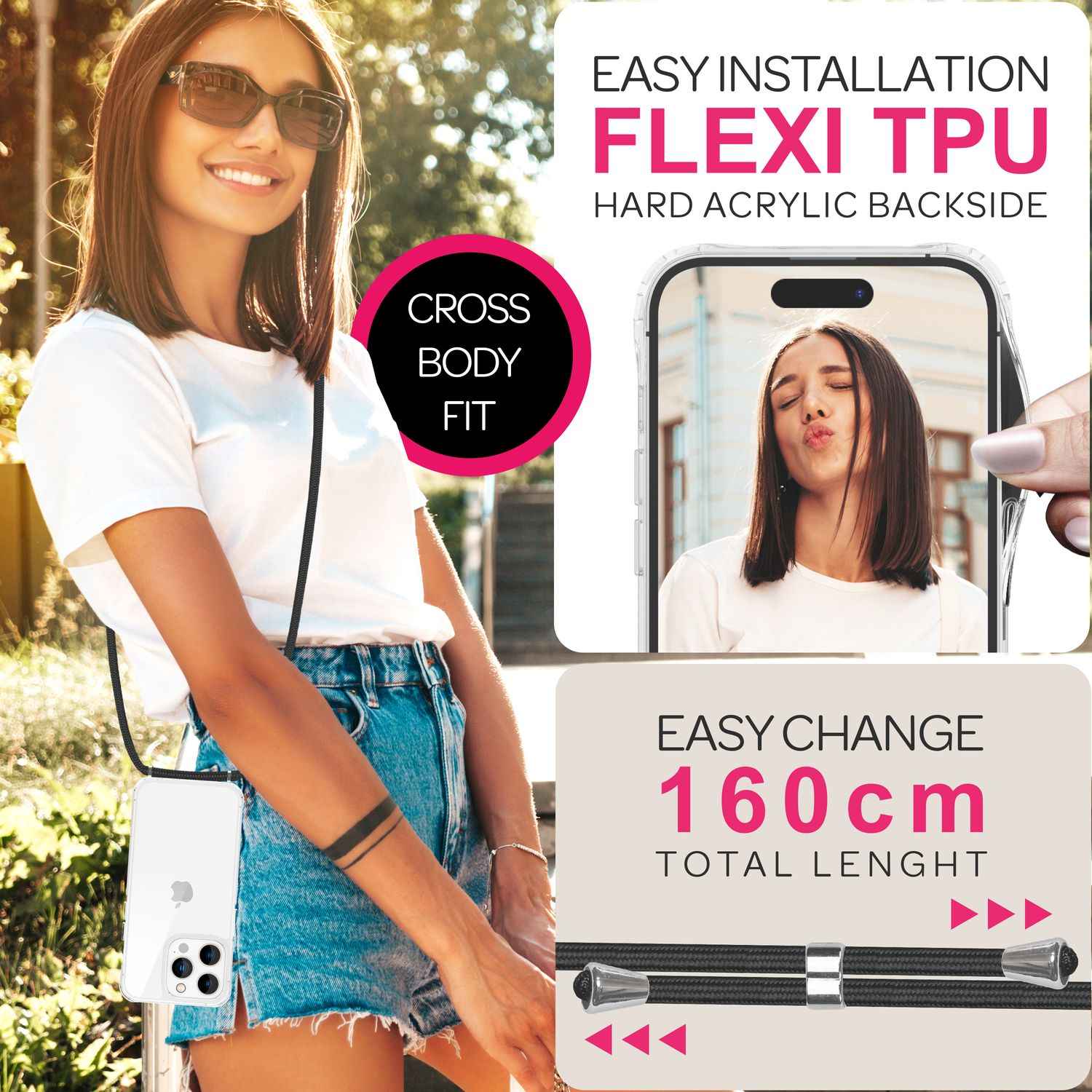 NALIA Klare Hülle mit Band zum Umhängen für iPhone 16 Pro Max, Transparente Harte Handyhülle mit Handykette