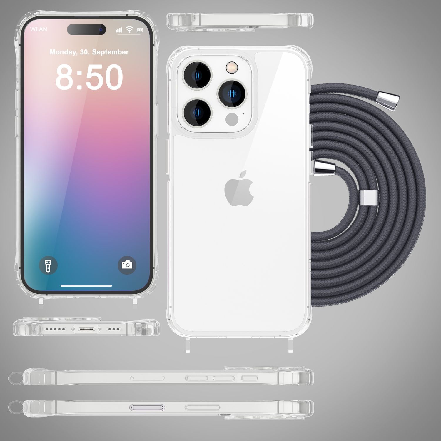 Umhängehülle für iPhone 16 Pro Max transparent Polycarbonat mit Handykette 160