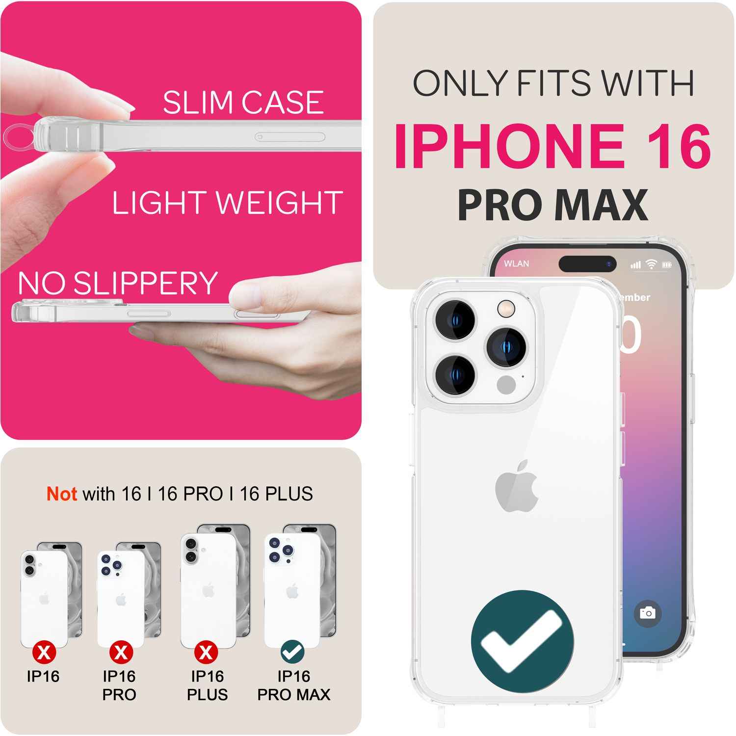 NALIA Klare Hülle mit Band zum Umhängen für iPhone 16 Pro Max, Transparente Harte Handyhülle mit Handykette