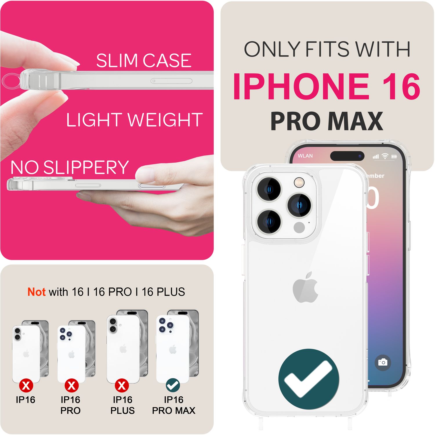 Umhängehülle für iPhone 16 Pro Max transparent Polycarbonat mit Handykette 160