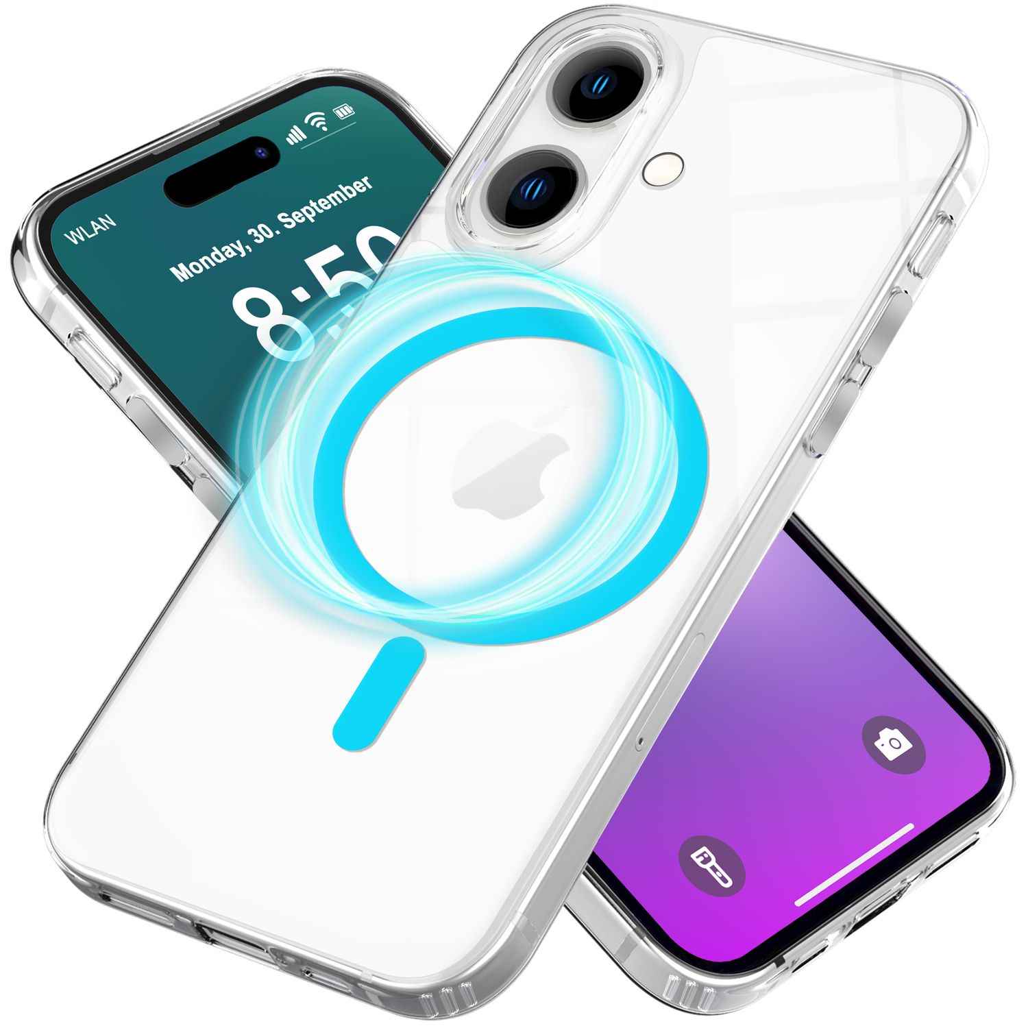 NALIA Klare MagSafe Acryl Hülle für iPhone 16, Bunter Neon Ring mit Night Glow Effekt, Transparente Handyhülle
