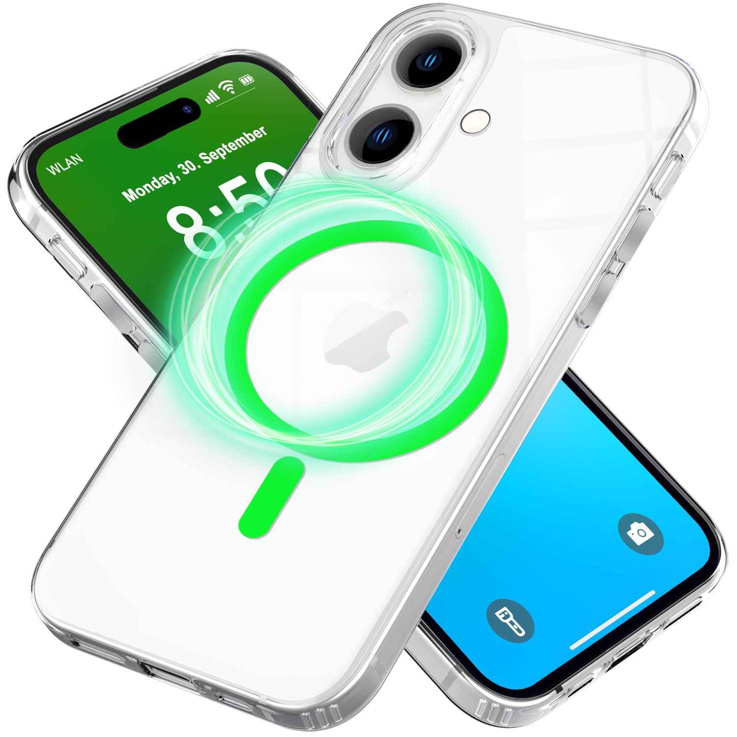 NALIA Klare MagSafe Acryl Hülle für iPhone 16, Bunter Neon Ring mit Night Glow Effekt, Transparente Handyhülle