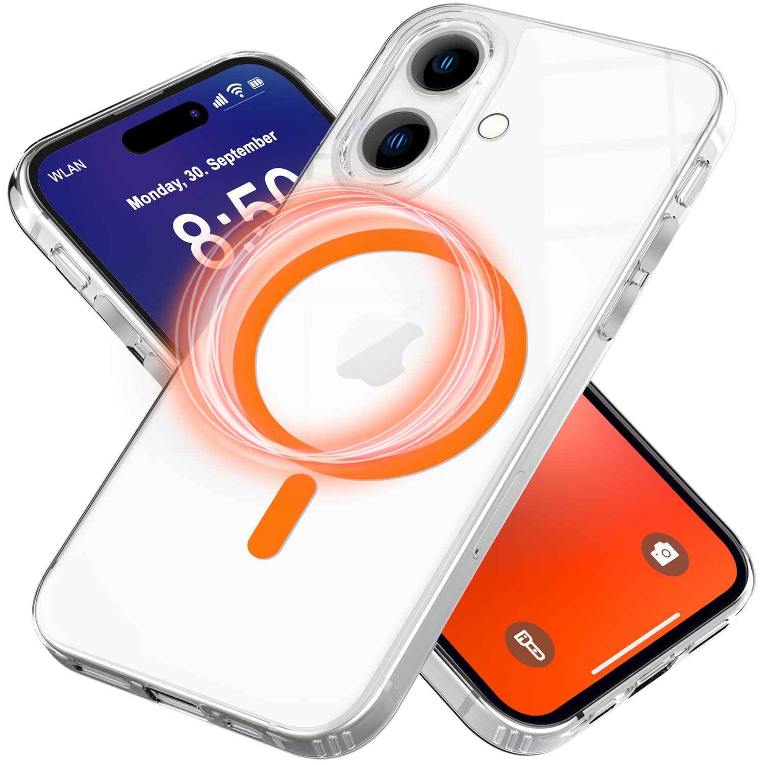 NALIA Klare MagSafe Acryl Hülle für iPhone 16, Bunter Neon Ring mit Night Glow Effekt, Transparente Handyhülle