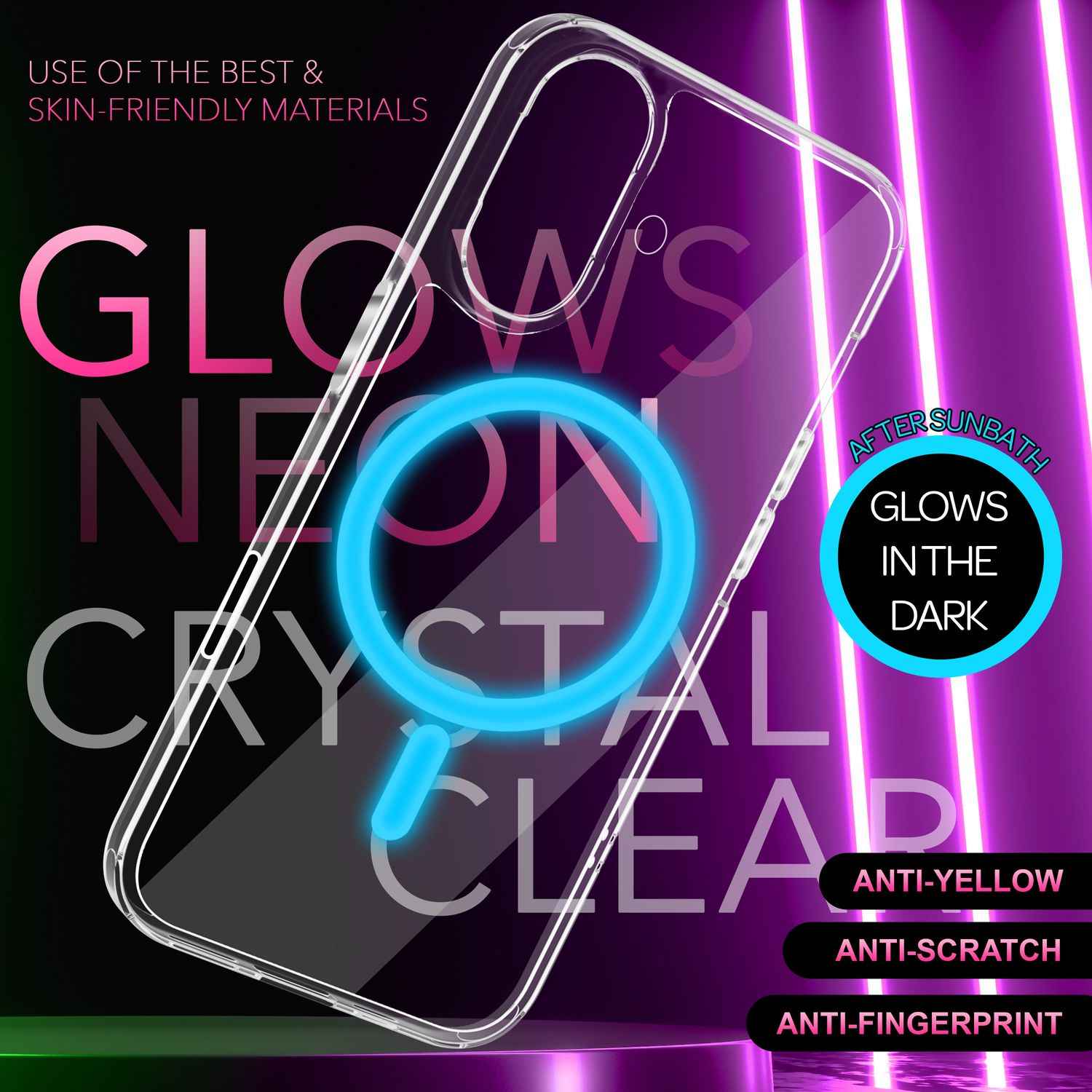 NALIA Klare MagSafe Acryl Hülle für iPhone 16, Bunter Neon Ring mit Night Glow Effekt, Transparente Handyhülle