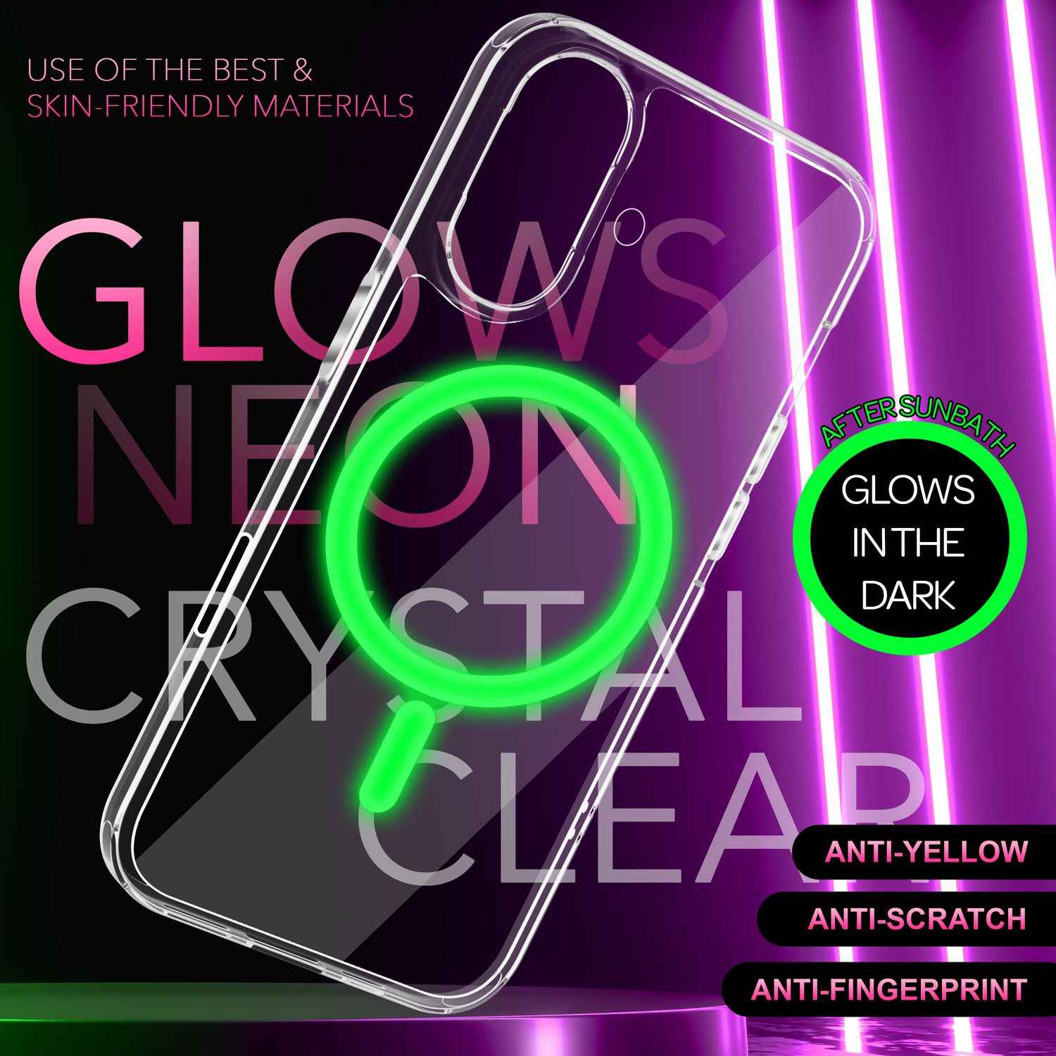 NALIA Klare MagSafe Acryl Hülle für iPhone 16, Bunter Neon Ring mit Night Glow Effekt, Transparente Handyhülle