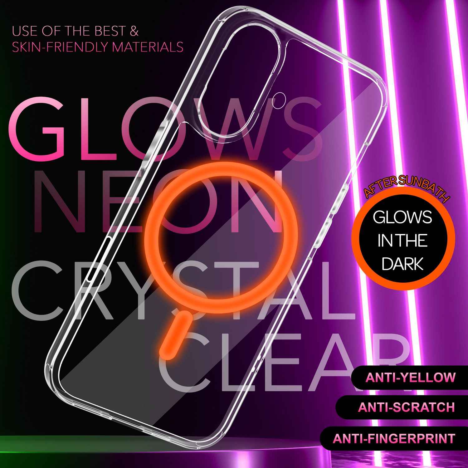 NALIA Klare MagSafe Acryl Hülle für iPhone 16, Bunter Neon Ring mit Night Glow Effekt, Transparente Handyhülle
