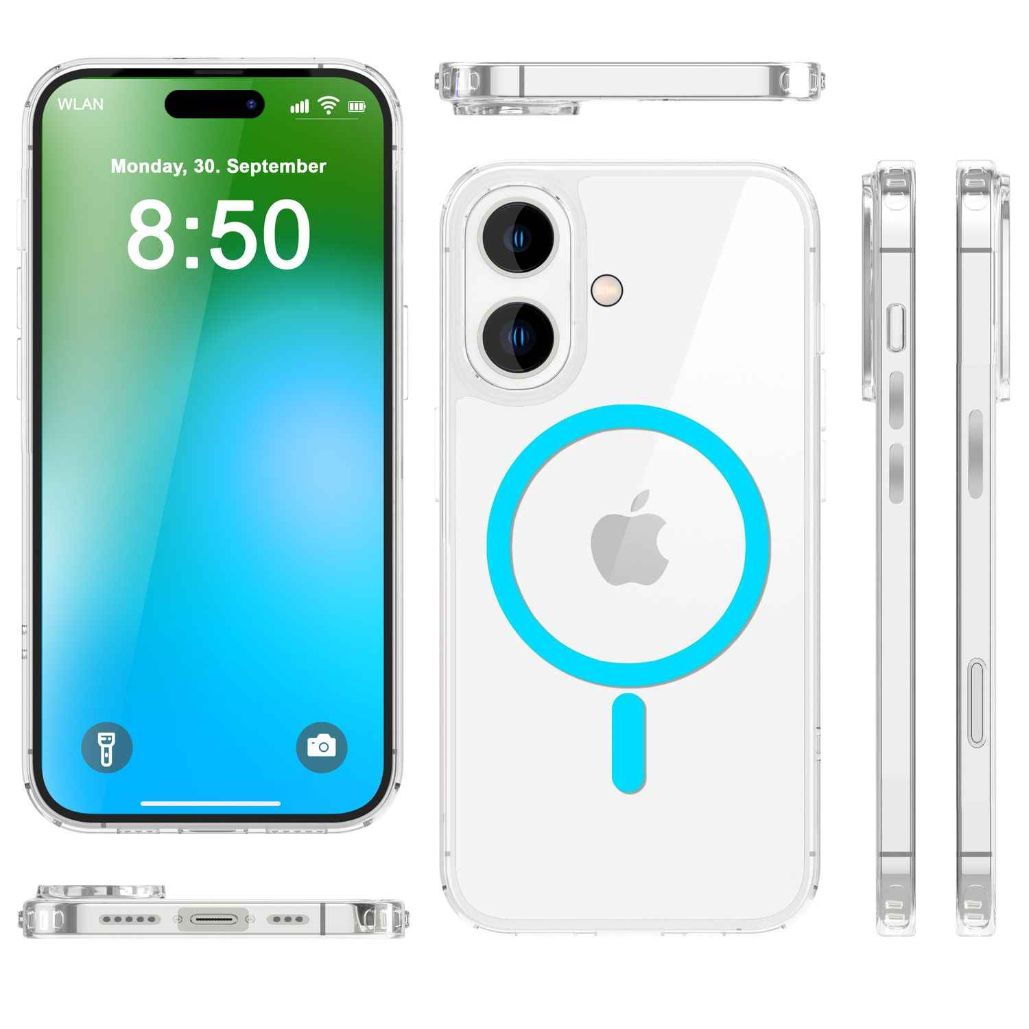 NALIA Klare MagSafe Acryl Hülle für iPhone 16, Bunter Neon Ring mit Night Glow Effekt, Transparente Handyhülle