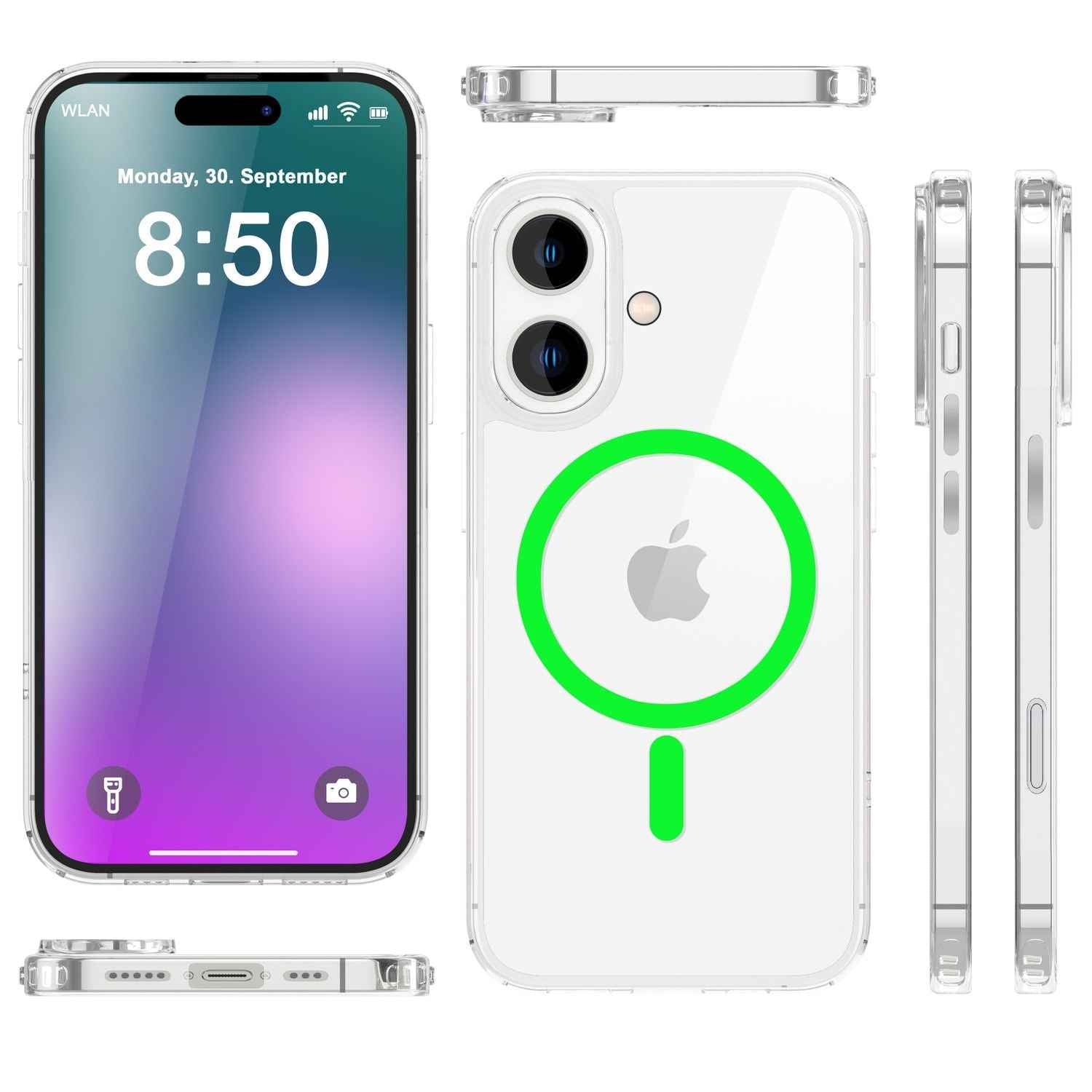 NALIA Klare MagSafe Acryl Hülle für iPhone 16, Bunter Neon Ring mit Night Glow Effekt, Transparente Handyhülle