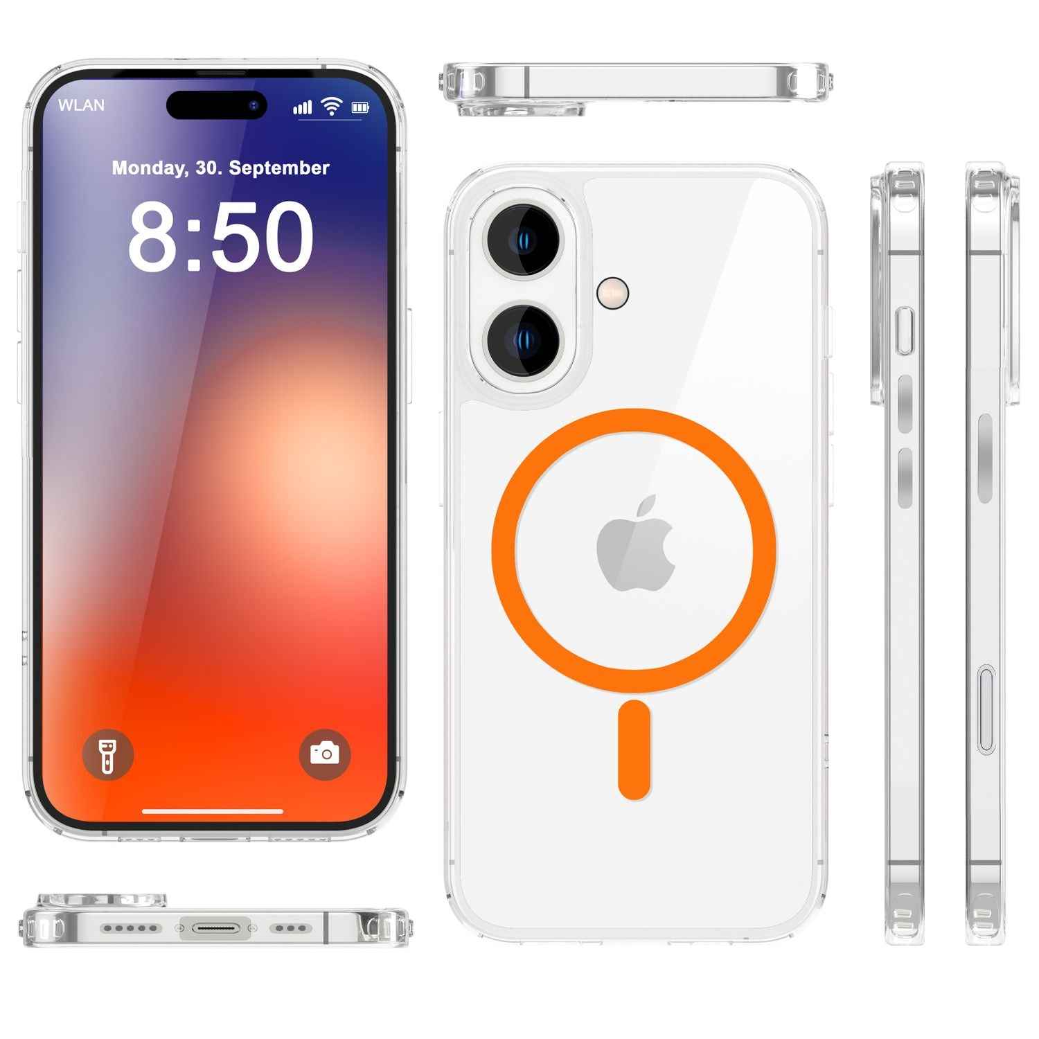 NALIA Klare MagSafe Acryl Hülle für iPhone 16, Bunter Neon Ring mit Night Glow Effekt, Transparente Handyhülle