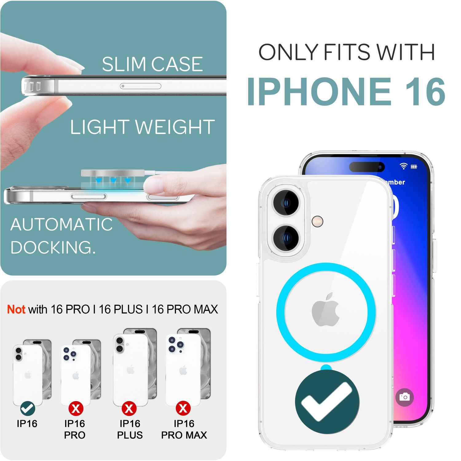 NALIA Klare MagSafe Acryl Hülle für iPhone 16, Bunter Neon Ring mit Night Glow Effekt, Transparente Handyhülle