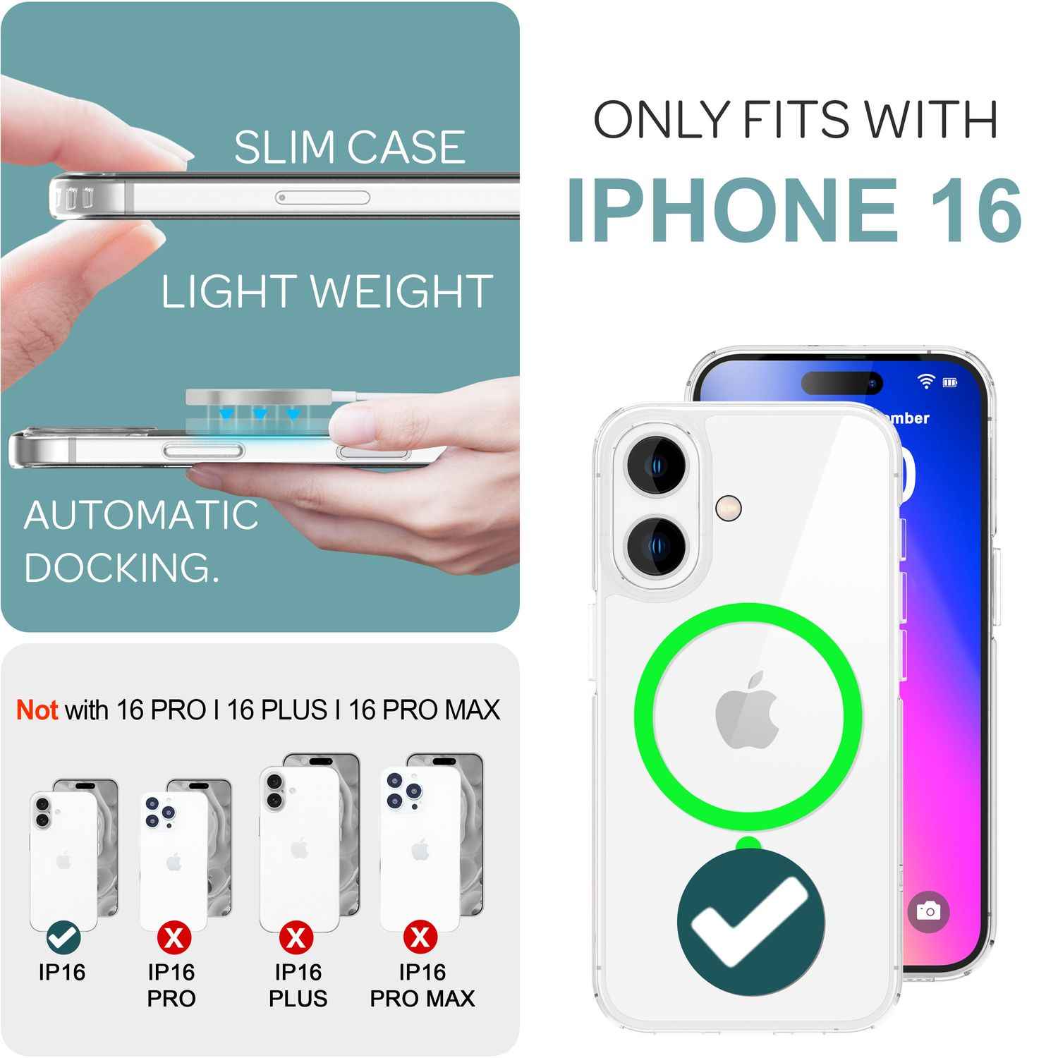 NALIA Klare MagSafe Acryl Hülle für iPhone 16, Bunter Neon Ring mit Night Glow Effekt, Transparente Handyhülle