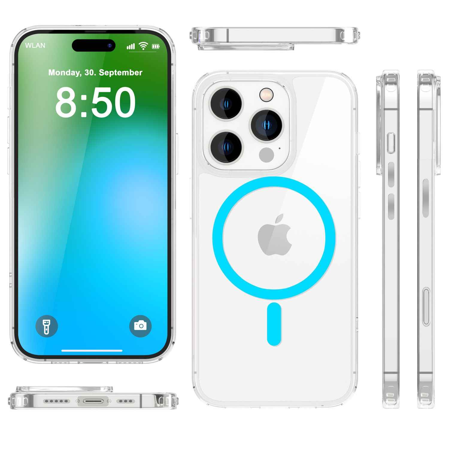 NALIA Klare MagSafe Acryl Hülle für iPhone 16 Pro, Bunter Neon Ring mit Night Glow Effekt, Handyhülle Transparent