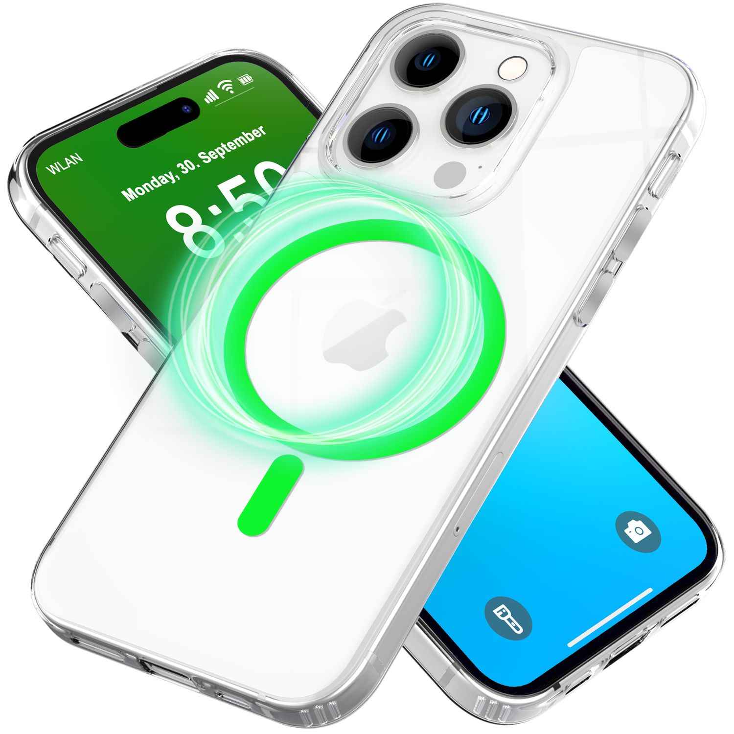 NALIA Klare MagSafe Acryl Hülle für iPhone 16 Pro, Bunter Neon Ring mit Night Glow Effekt, Handyhülle Transparent
